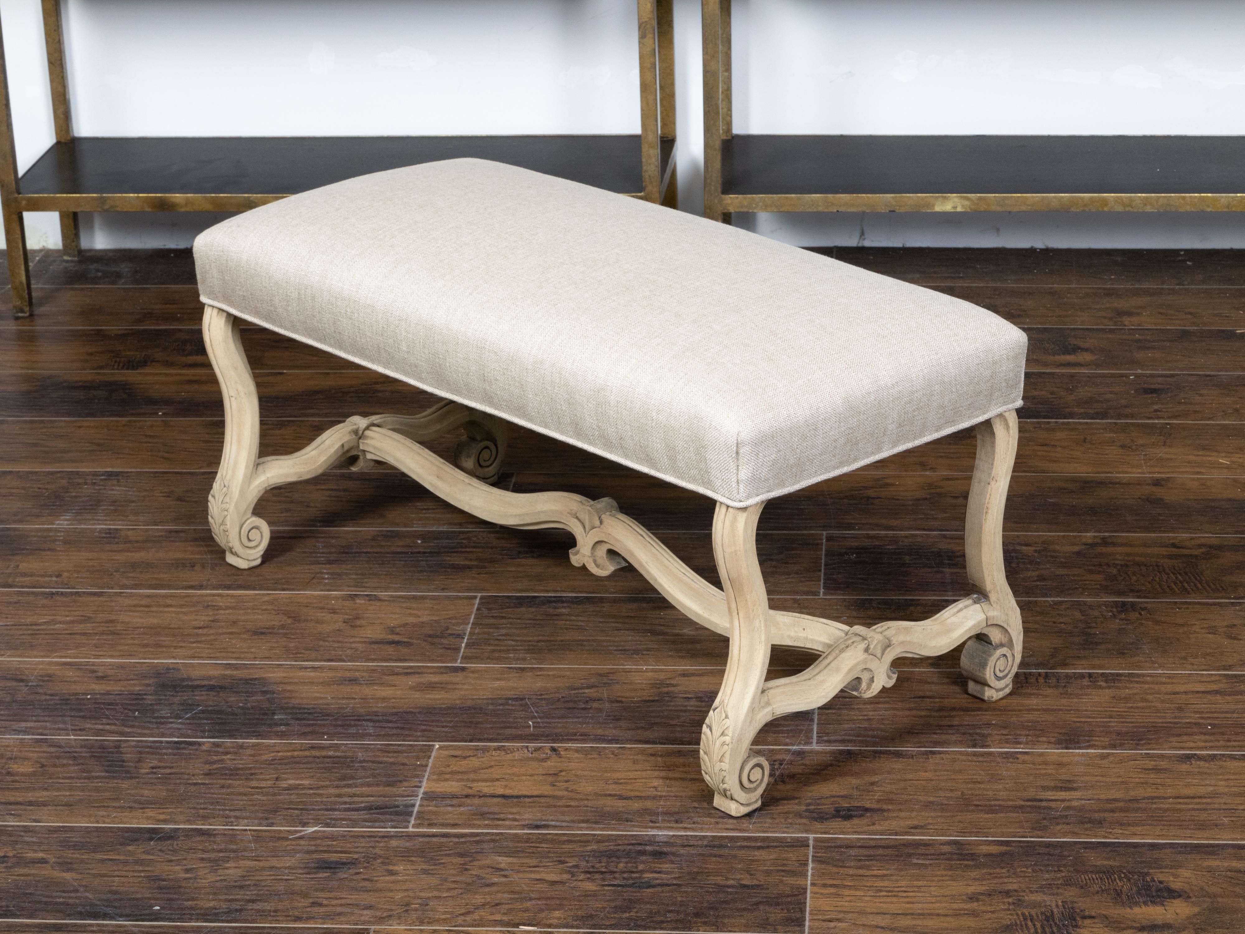 French 19th Century Rococo Style Bleached Wood Bench with Carved Scrolling Legs 2