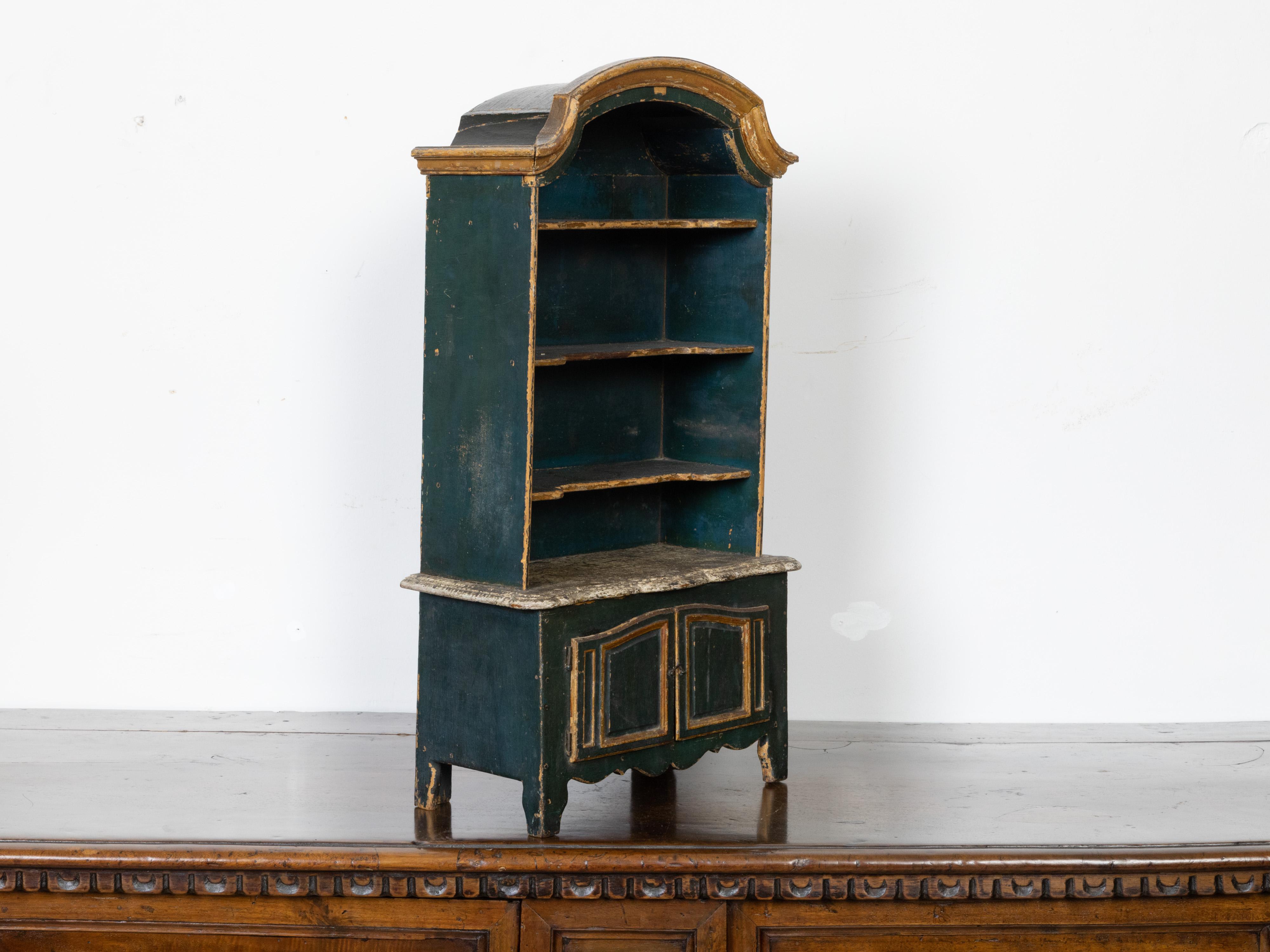 Carved French 19th Century Rococo Style Miniature Painted Cabinet with Arching Top For Sale