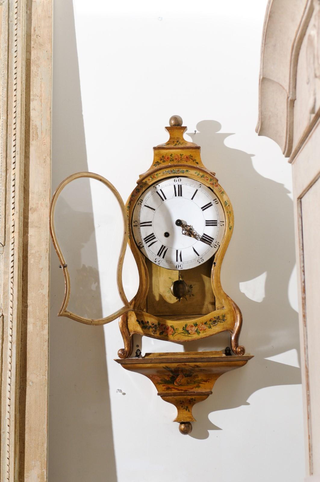Gilt French 19th Century Rococo Style Tôle Wall Clock with Original Floral Décor