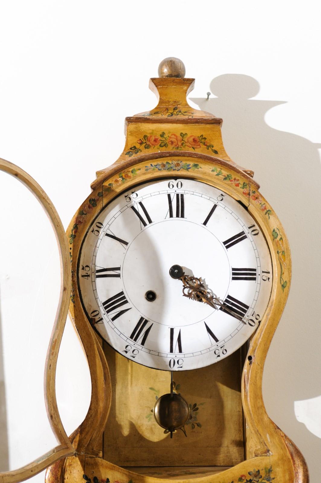 French 19th Century Rococo Style Tôle Wall Clock with Original Floral Décor In Good Condition In Atlanta, GA