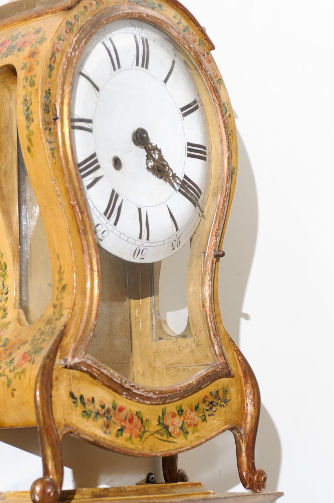French 19th Century Rococo Style Tôle Wall Clock with Original Floral Décor 1