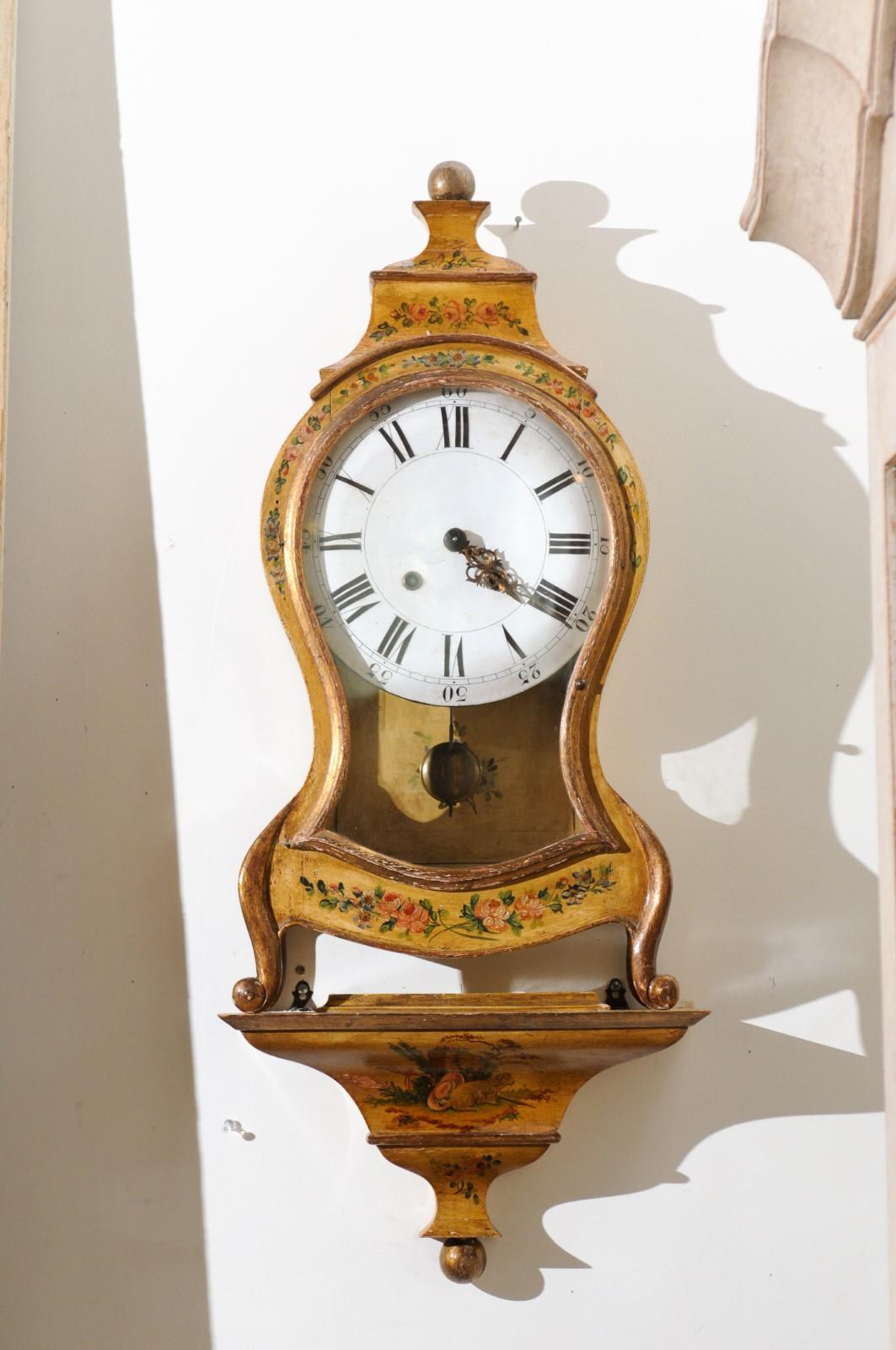 French 19th Century Rococo Style Tôle Wall Clock with Original Floral Décor 2