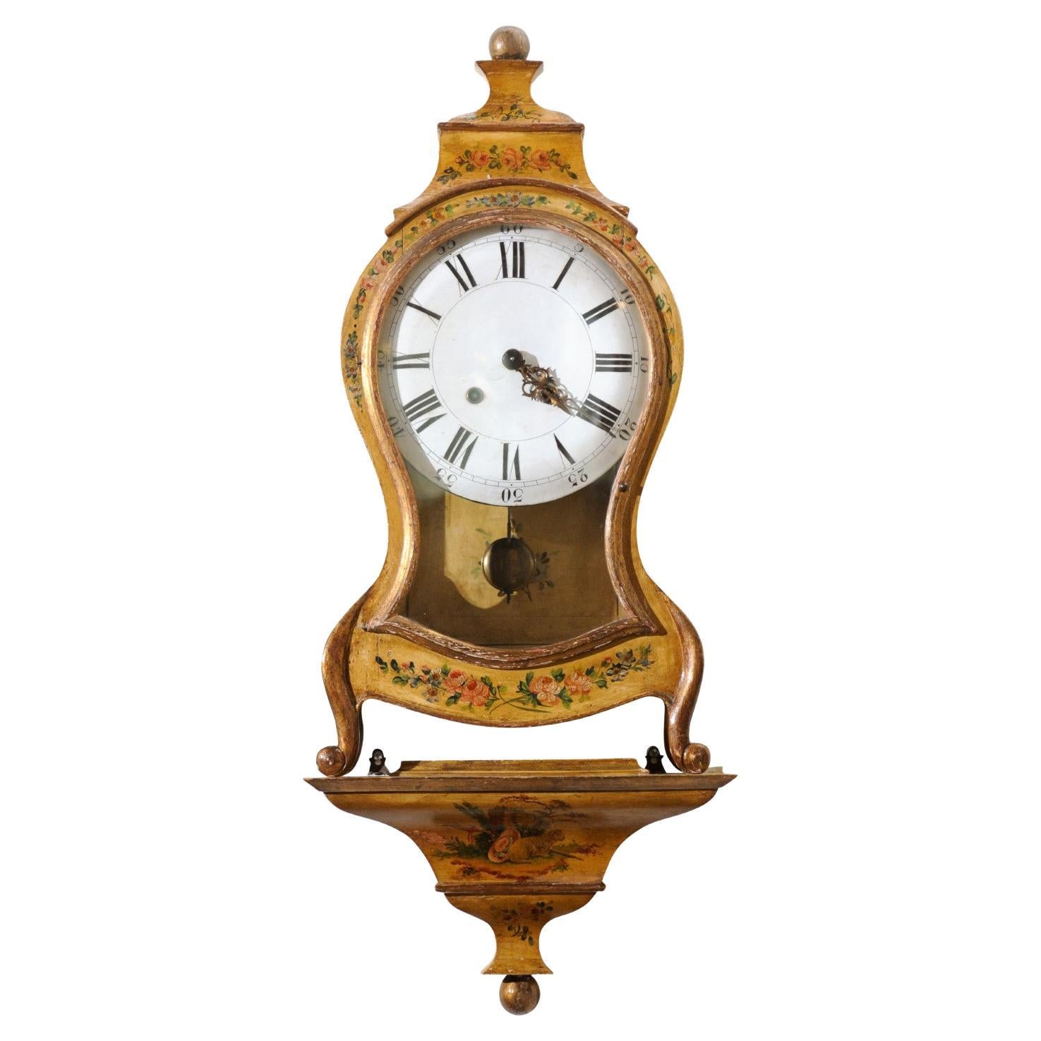 French 19th Century Rococo Style Tôle Wall Clock with Original Floral Décor
