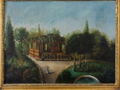 French 19th Century, Romantic Garden House Painting, Ornate Gilt Frame