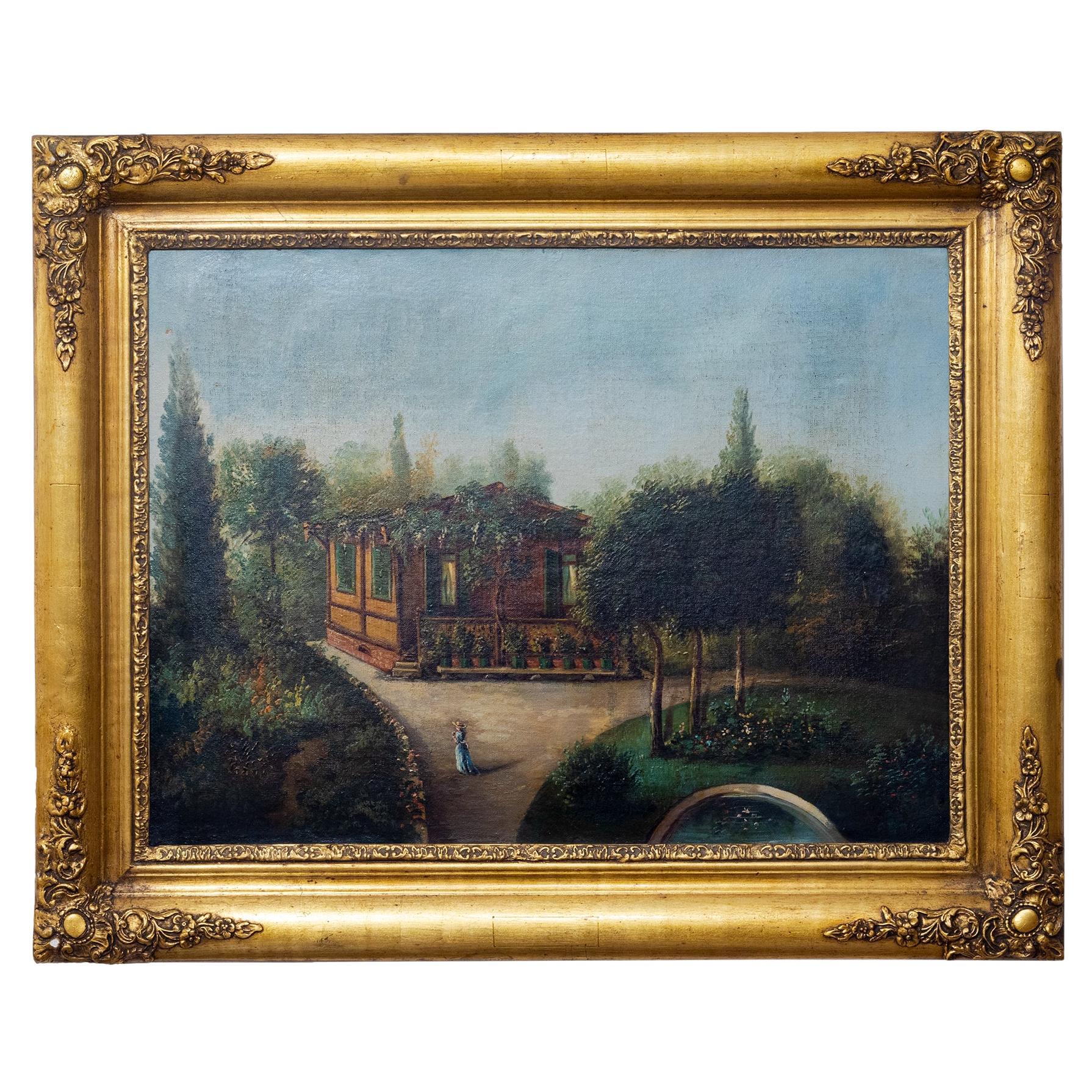 French 19th Century, Romantic Garden House Painting, Ornate Gilt Frame For Sale