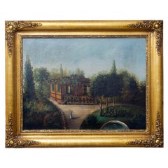 French 19th Century, Romantic Garden House Painting, Ornate Gilt Frame