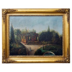 French 19th Century, Romantic Garden House Painting, Ornate Gilt Frame