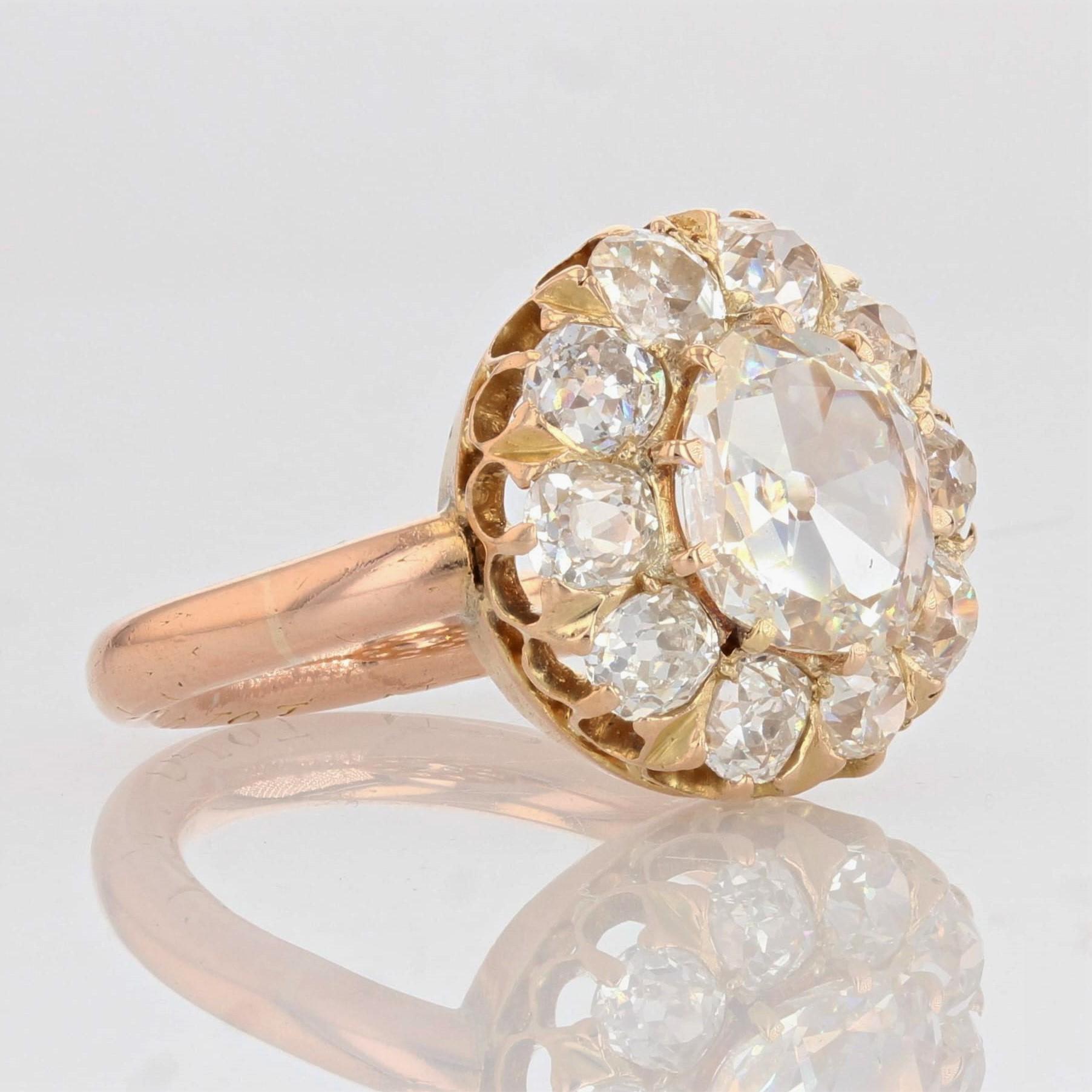 French 19th Century Rose- Cut Diamond 18 Karat Rose Gold Daisy Ring For Sale 2