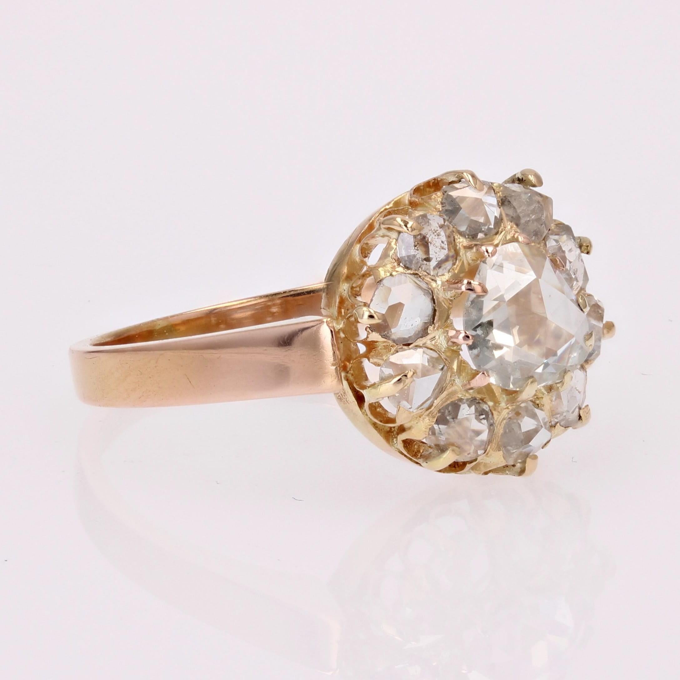 French 19th Century Rose- Cut Diamond 18 Karat Rose Gold Daisy Ring For Sale 5