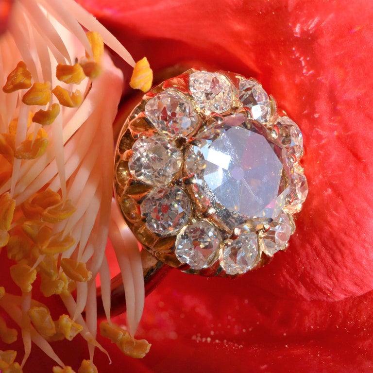 French 19th Century Rose- Cut Diamond 18 Karat Rose Gold Daisy Ring For Sale 6