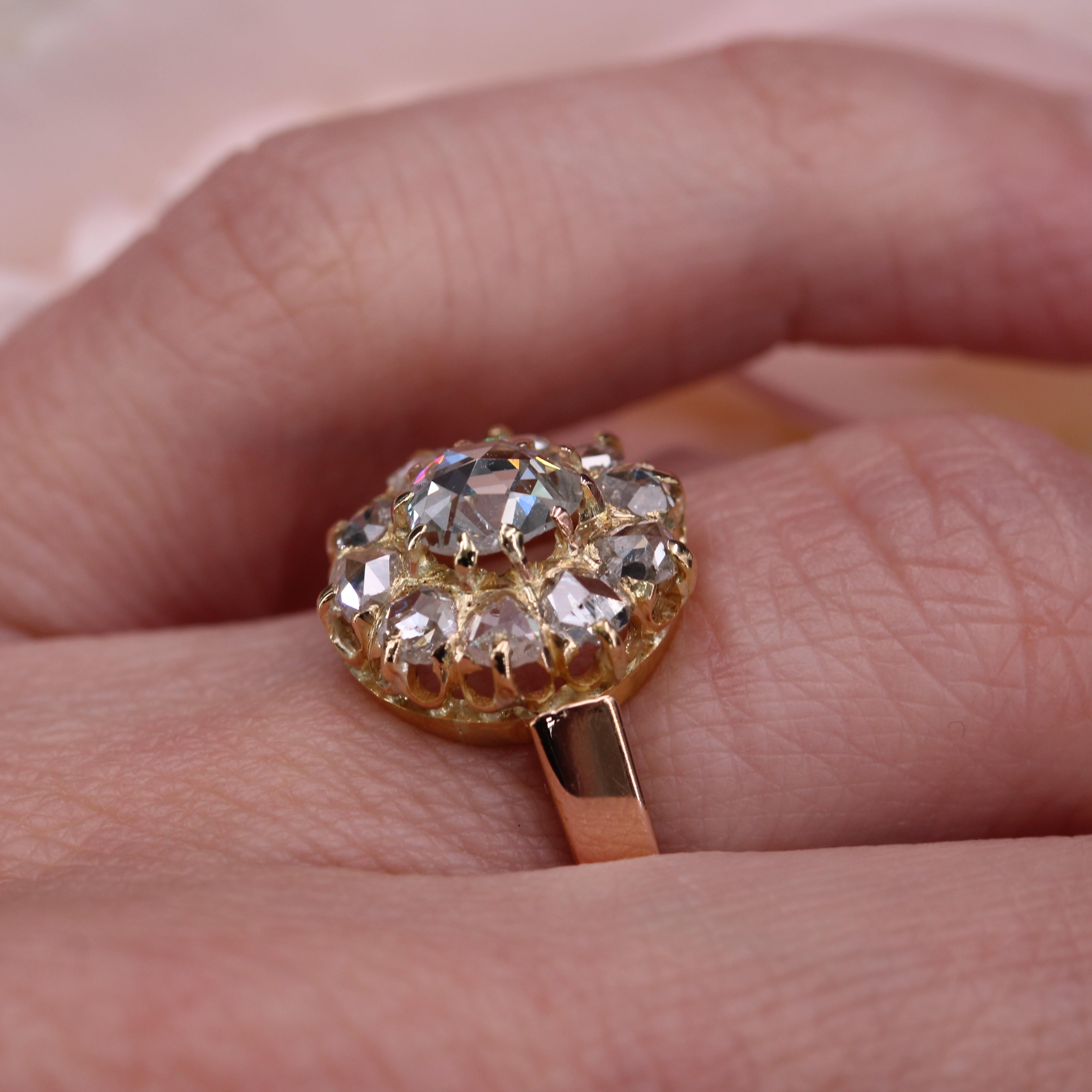French 19th Century Rose- Cut Diamond 18 Karat Rose Gold Daisy Ring For Sale 6