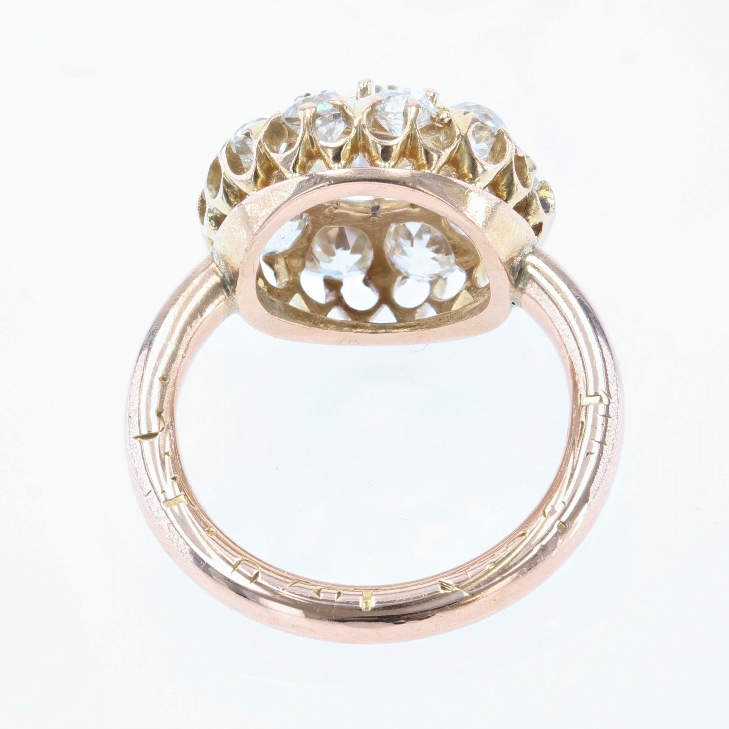 French 19th Century Rose- Cut Diamond 18 Karat Rose Gold Daisy Ring For Sale 4