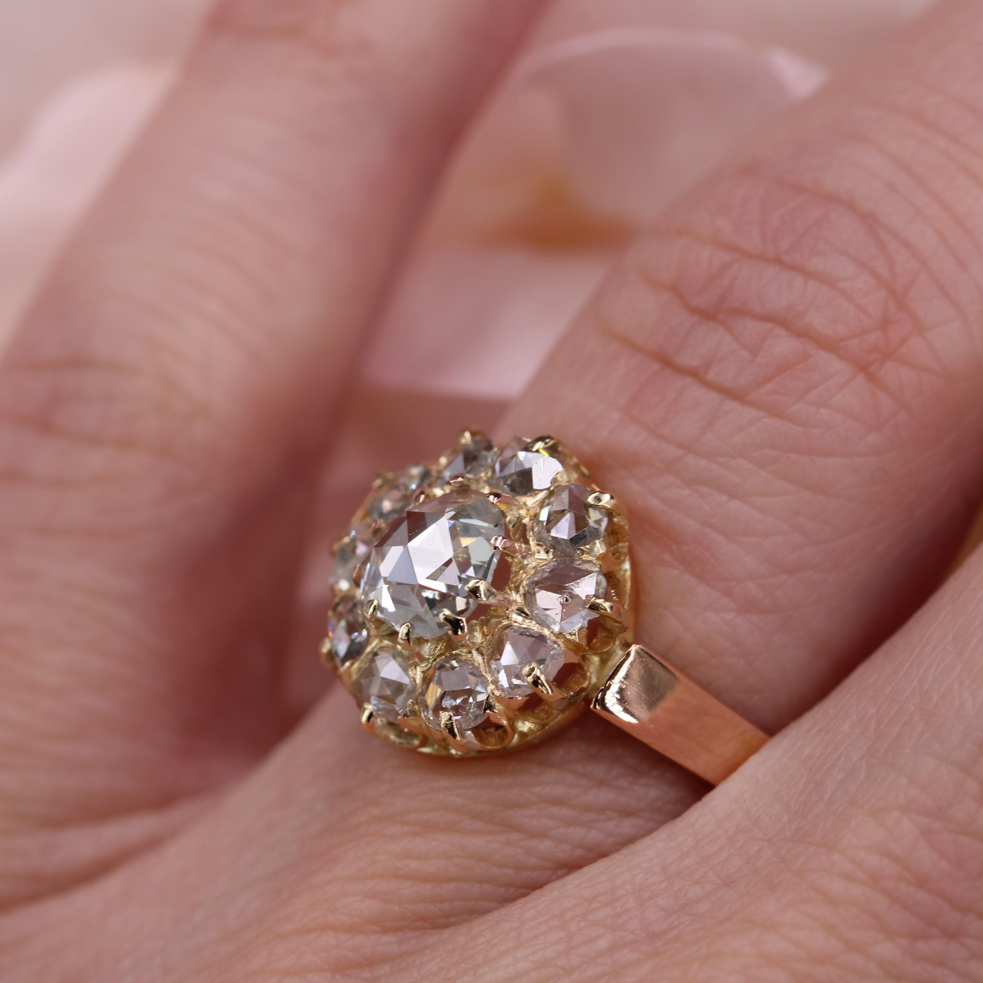 French 19th Century Rose- Cut Diamond 18 Karat Rose Gold Daisy Ring For Sale 8