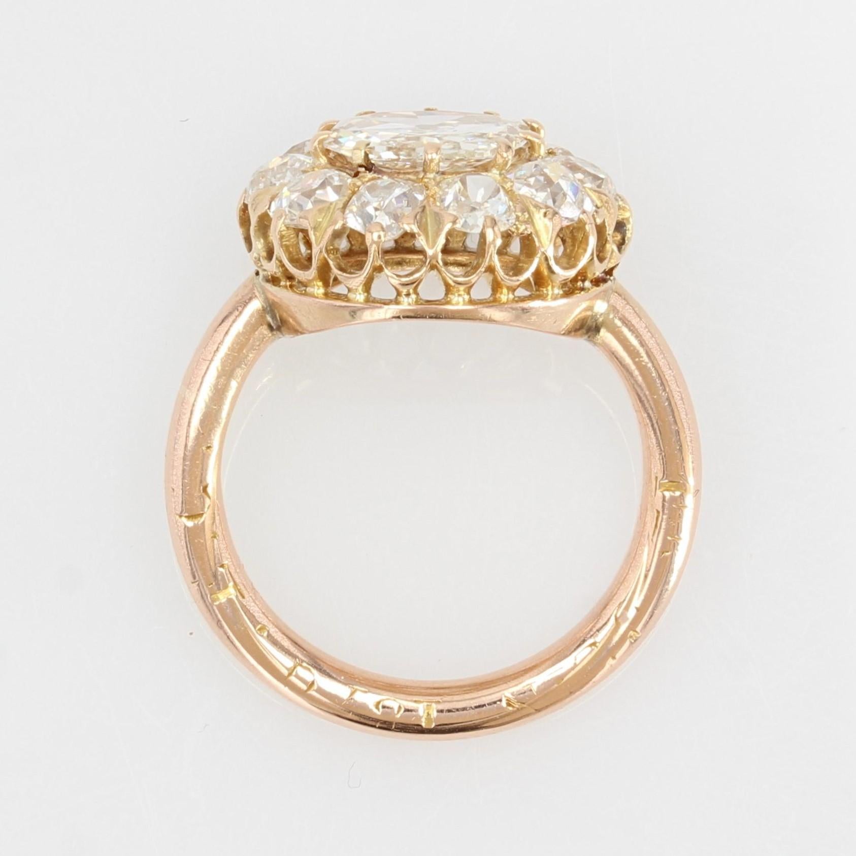 French 19th Century Rose- Cut Diamond 18 Karat Rose Gold Daisy Ring For Sale 7