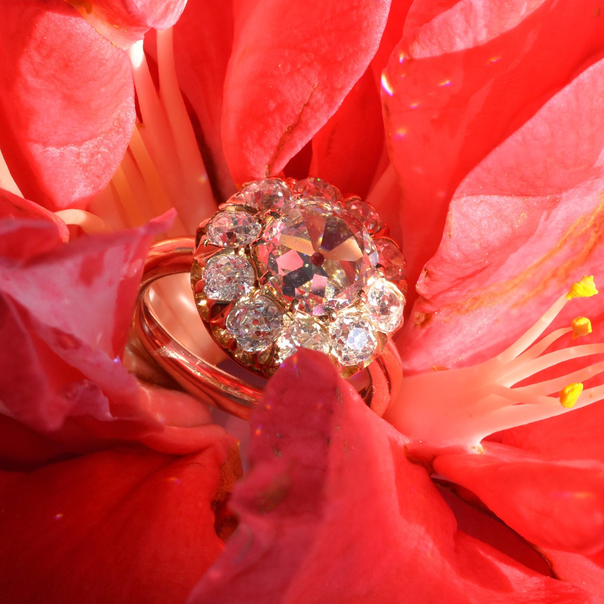 French 19th Century Rose- Cut Diamond 18 Karat Rose Gold Daisy Ring For Sale 8