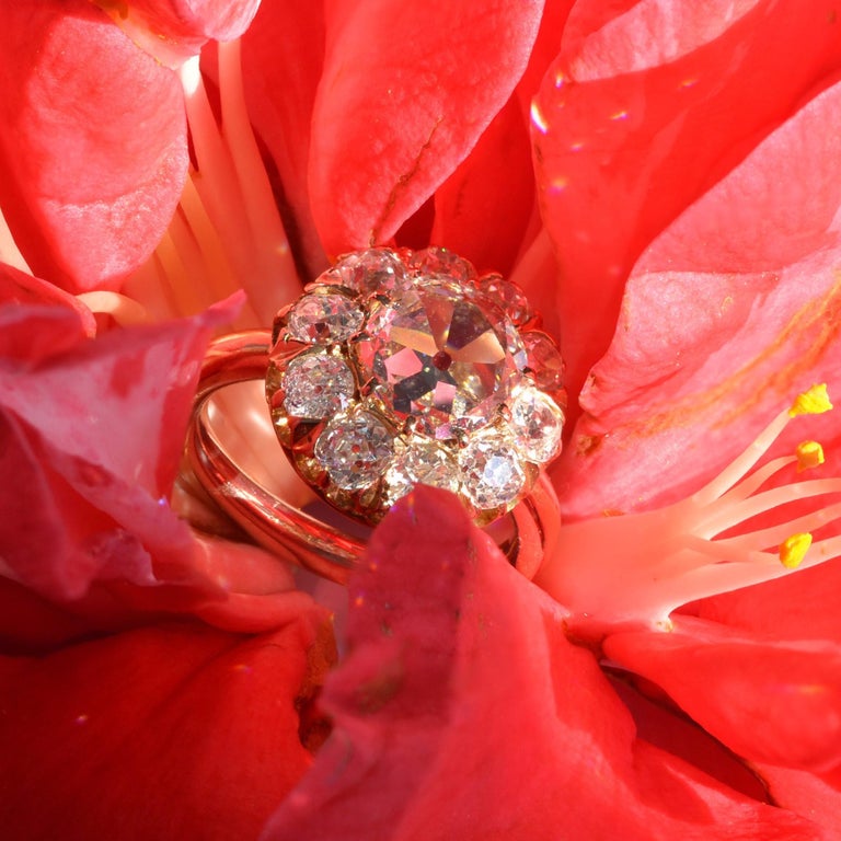 French 19th Century Rose- Cut Diamond 18 Karat Rose Gold Daisy Ring For Sale 11