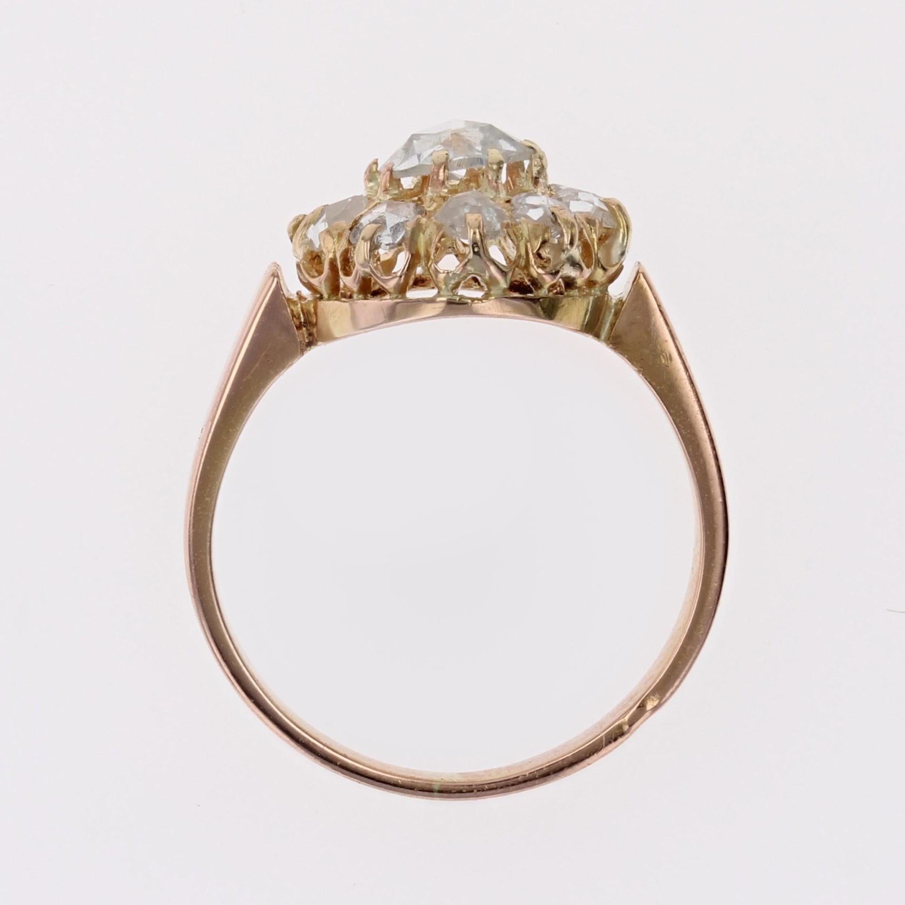 French 19th Century Rose- Cut Diamond 18 Karat Rose Gold Daisy Ring For Sale 12