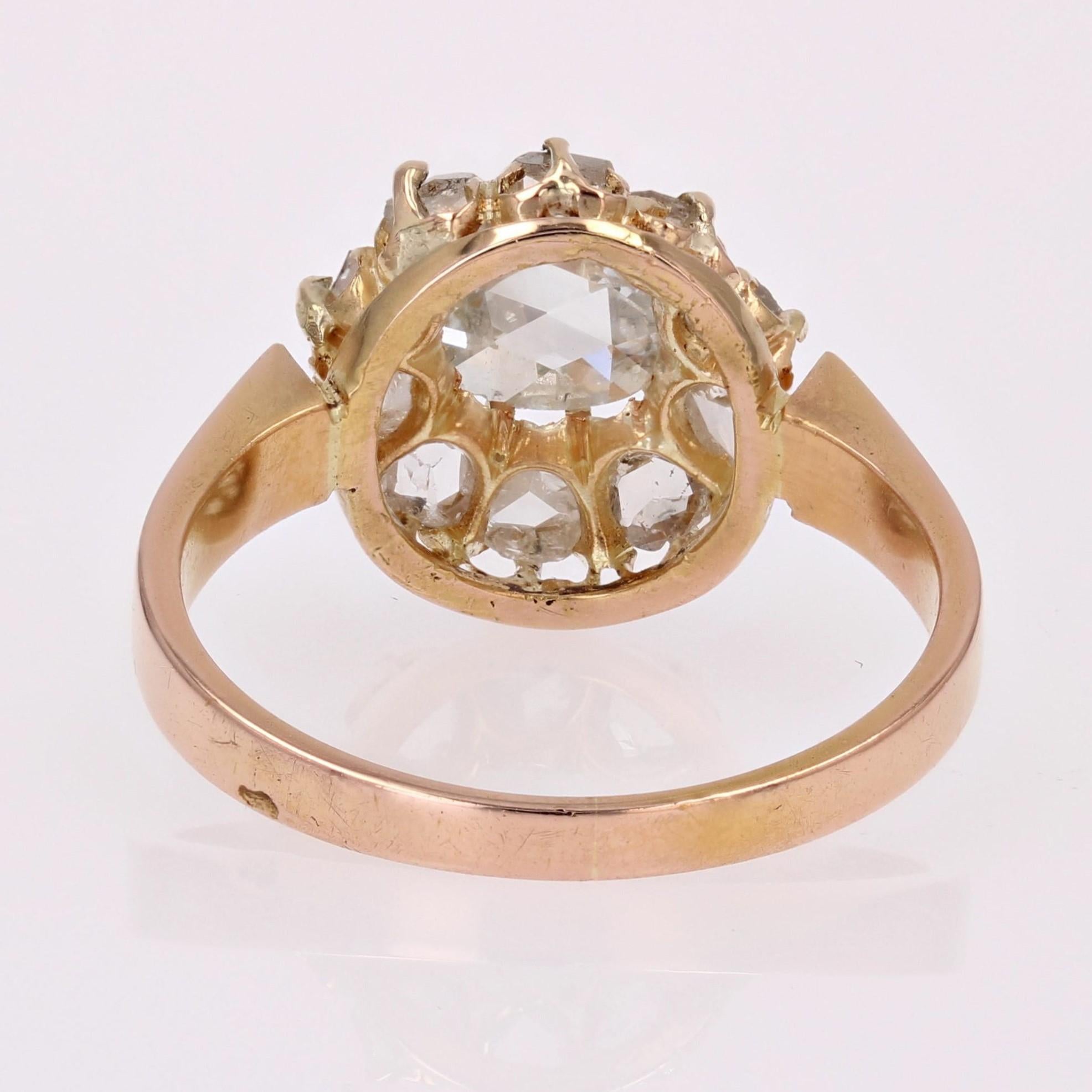 French 19th Century Rose- Cut Diamond 18 Karat Rose Gold Daisy Ring For Sale 13