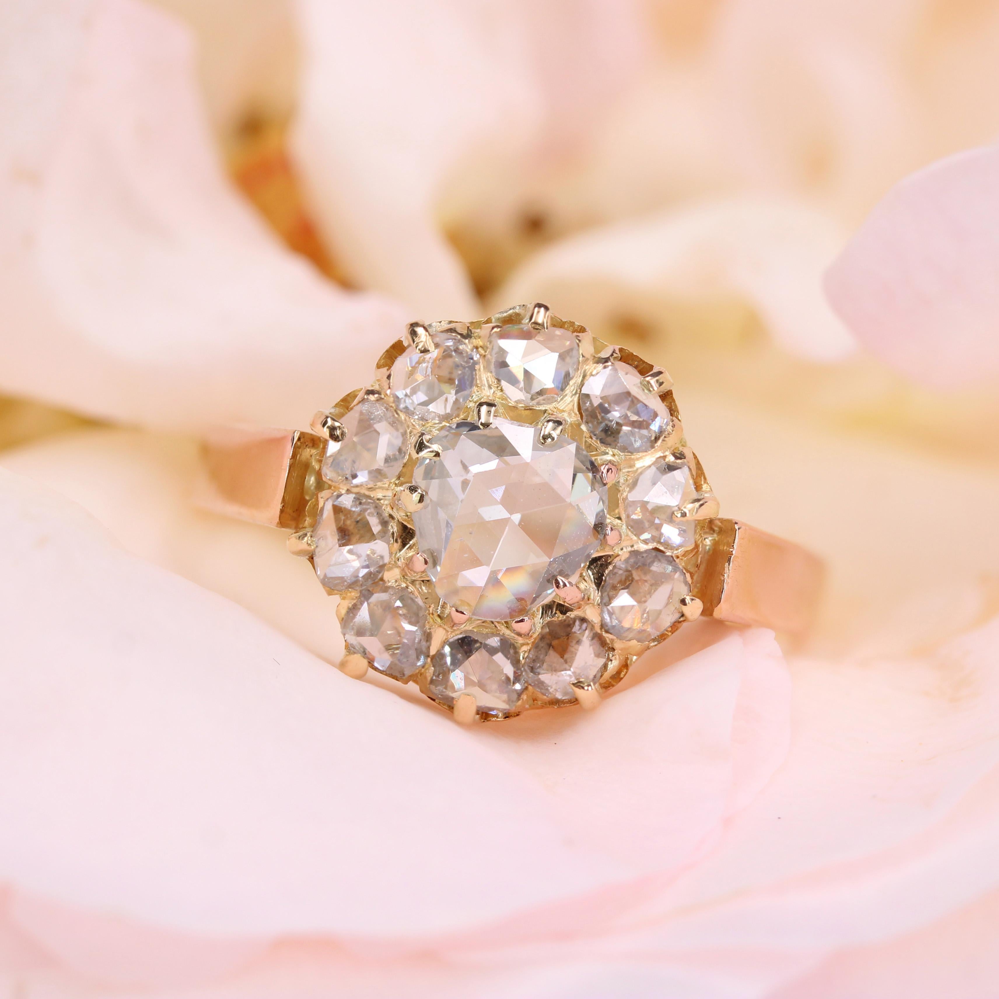 Napoleon III French 19th Century Rose- Cut Diamond 18 Karat Rose Gold Daisy Ring For Sale