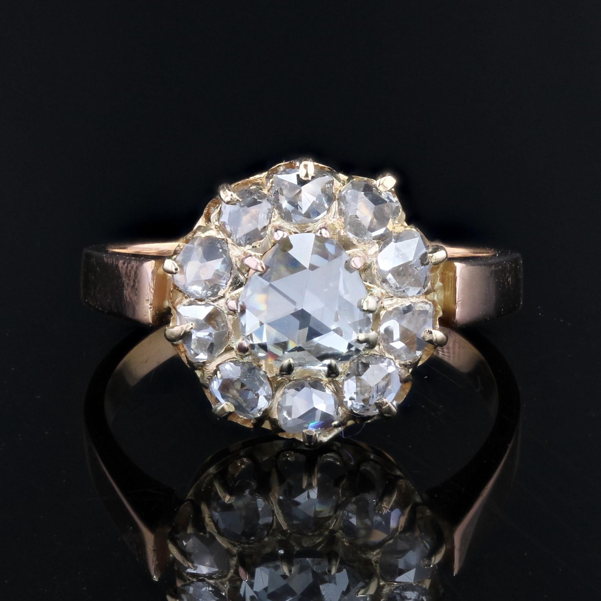French 19th Century Rose- Cut Diamond 18 Karat Rose Gold Daisy Ring In Good Condition For Sale In Poitiers, FR