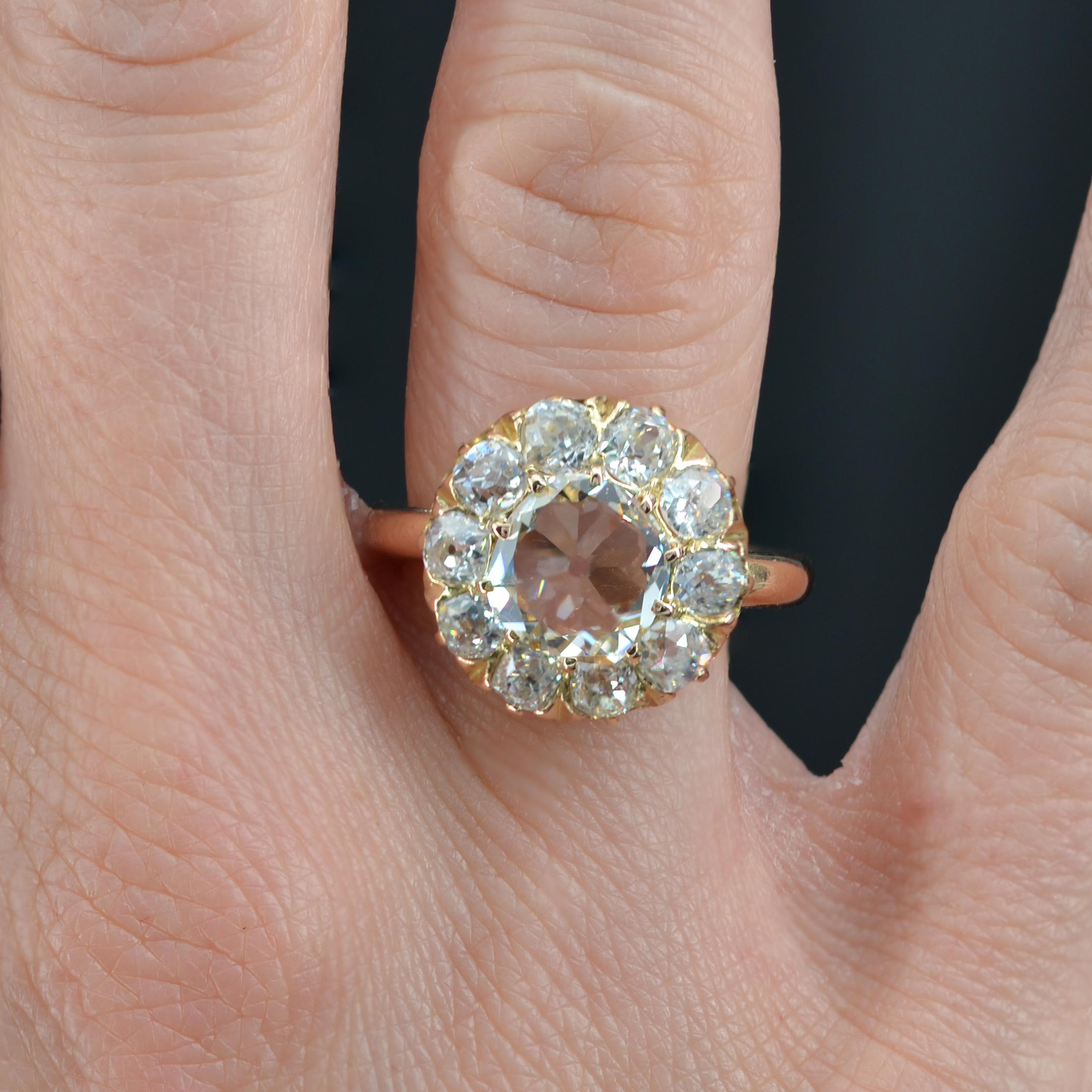 Napoleon III French 19th Century Rose- Cut Diamond 18 Karat Rose Gold Daisy Ring For Sale
