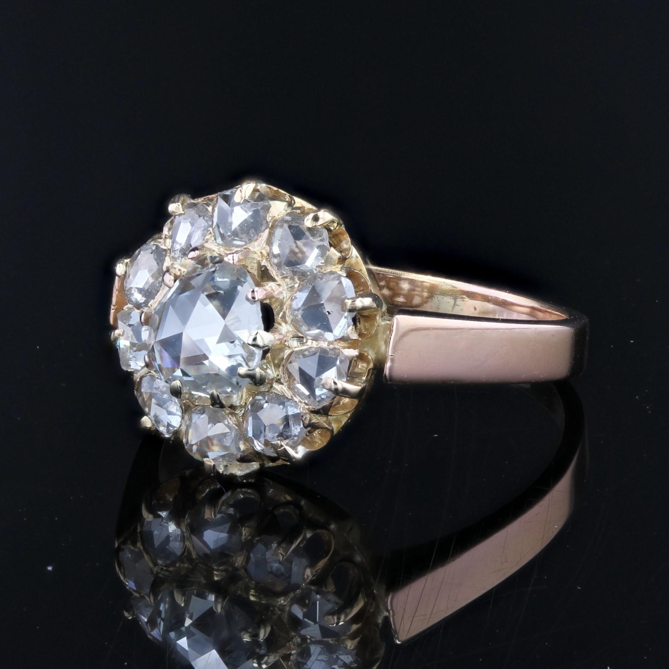 French 19th Century Rose- Cut Diamond 18 Karat Rose Gold Daisy Ring For Sale 1