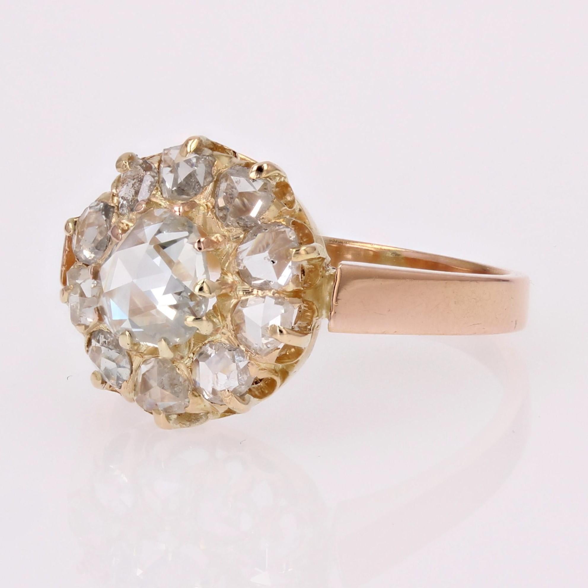 French 19th Century Rose- Cut Diamond 18 Karat Rose Gold Daisy Ring For Sale 2
