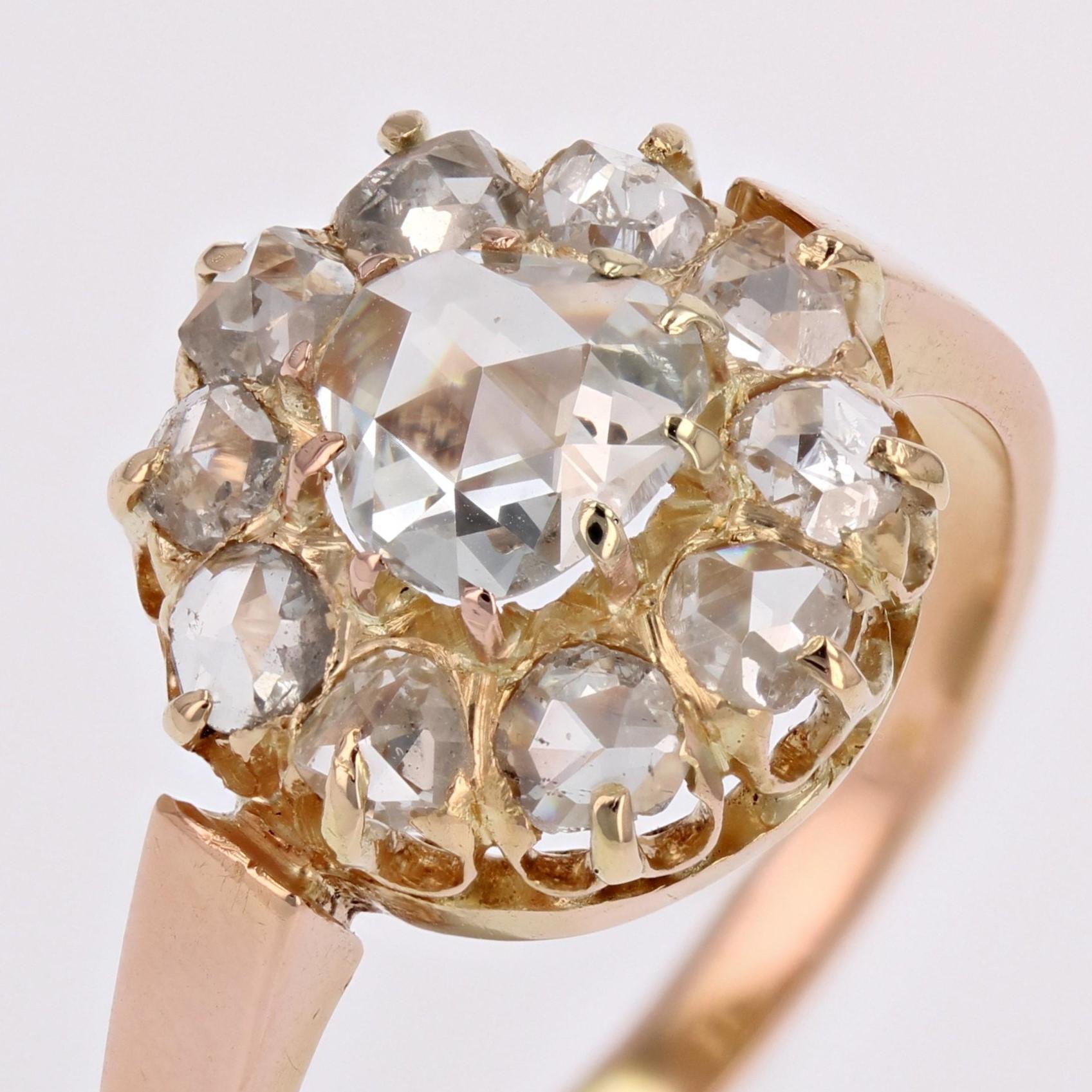 French 19th Century Rose- Cut Diamond 18 Karat Rose Gold Daisy Ring For Sale 3