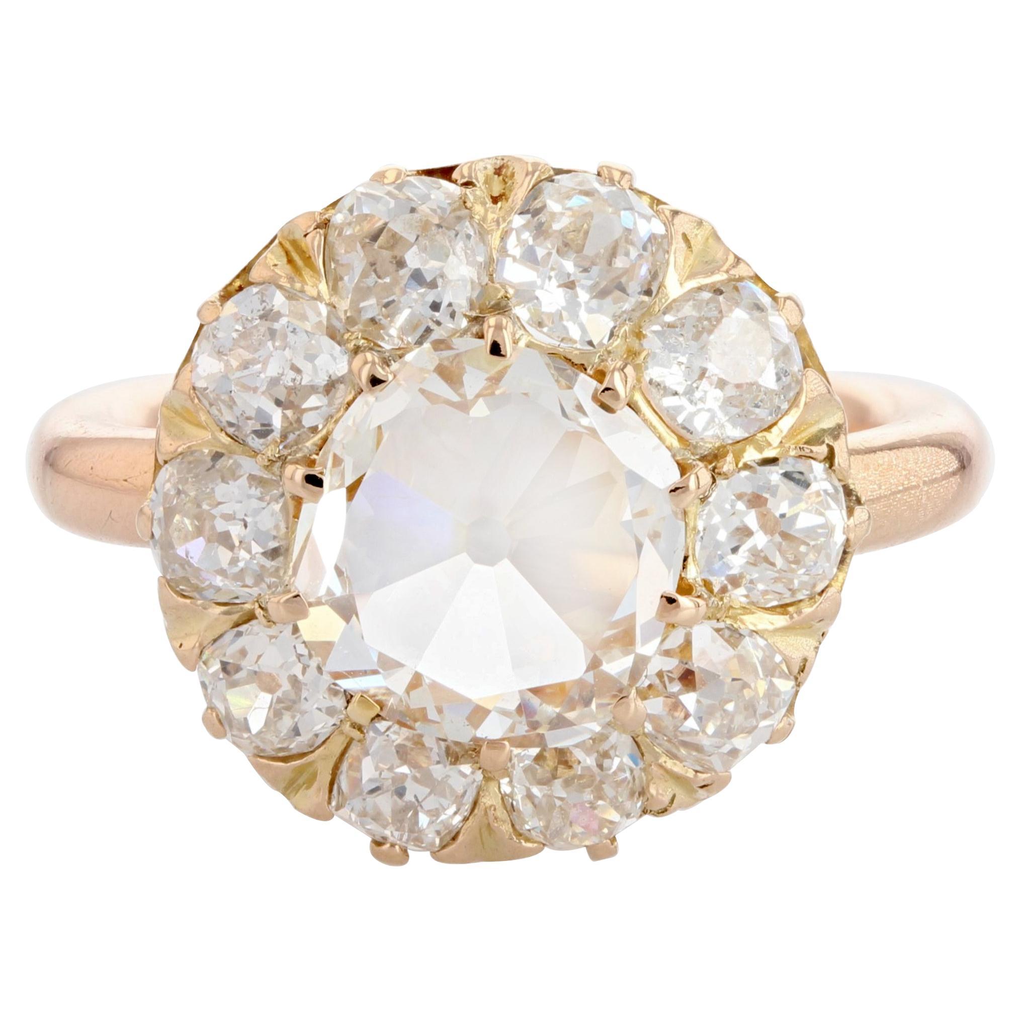 French 19th Century Rose- Cut Diamond 18 Karat Rose Gold Daisy Ring