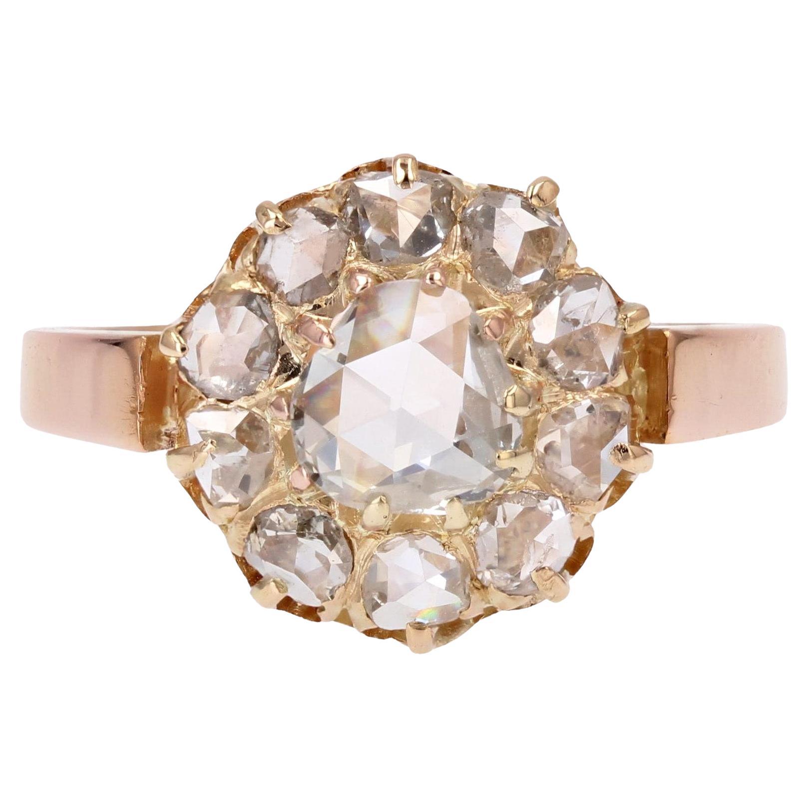 French 19th Century Rose- Cut Diamond 18 Karat Rose Gold Daisy Ring