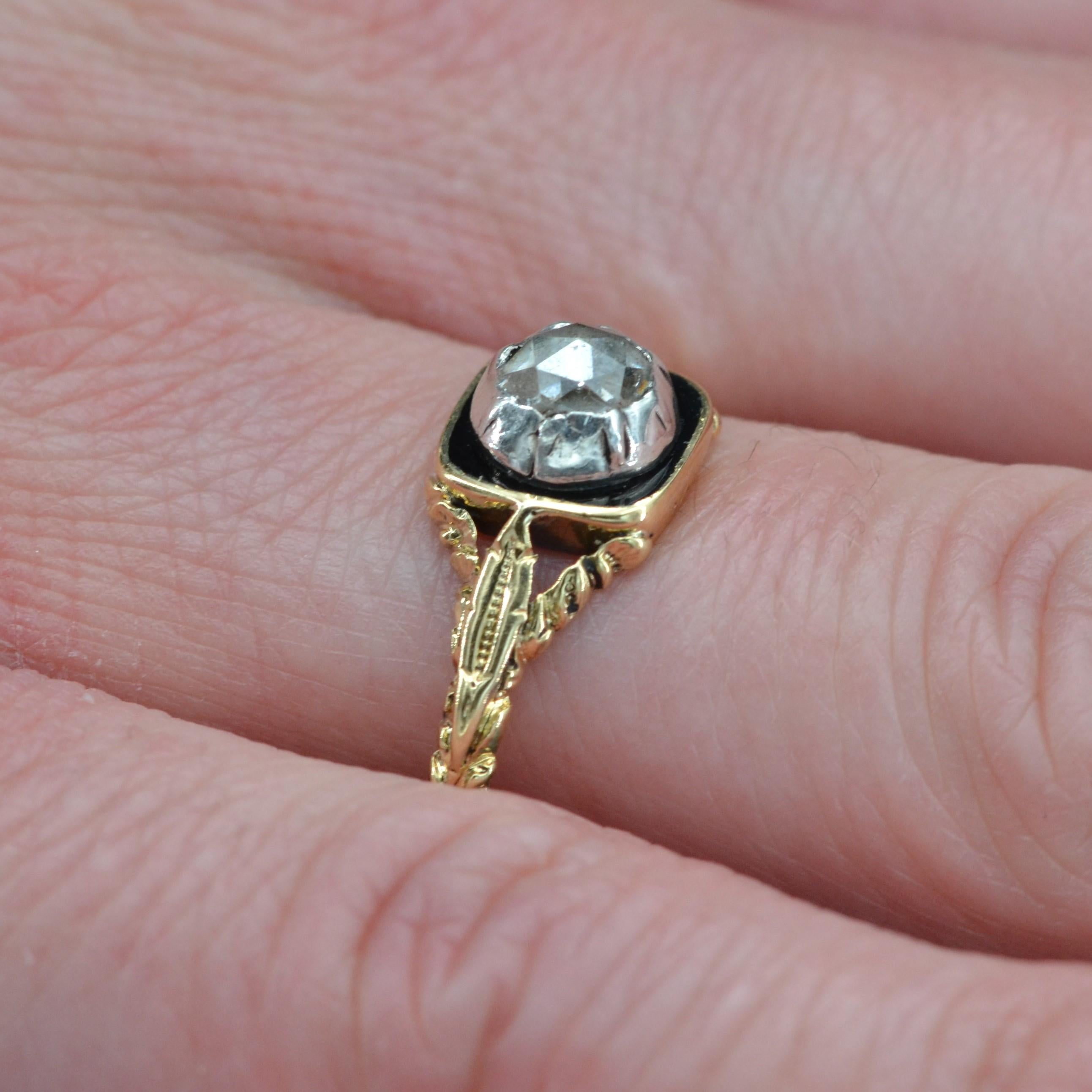 French 19th Century Rose Cut Diamond Black Enamel Solitaire Ring For Sale 6