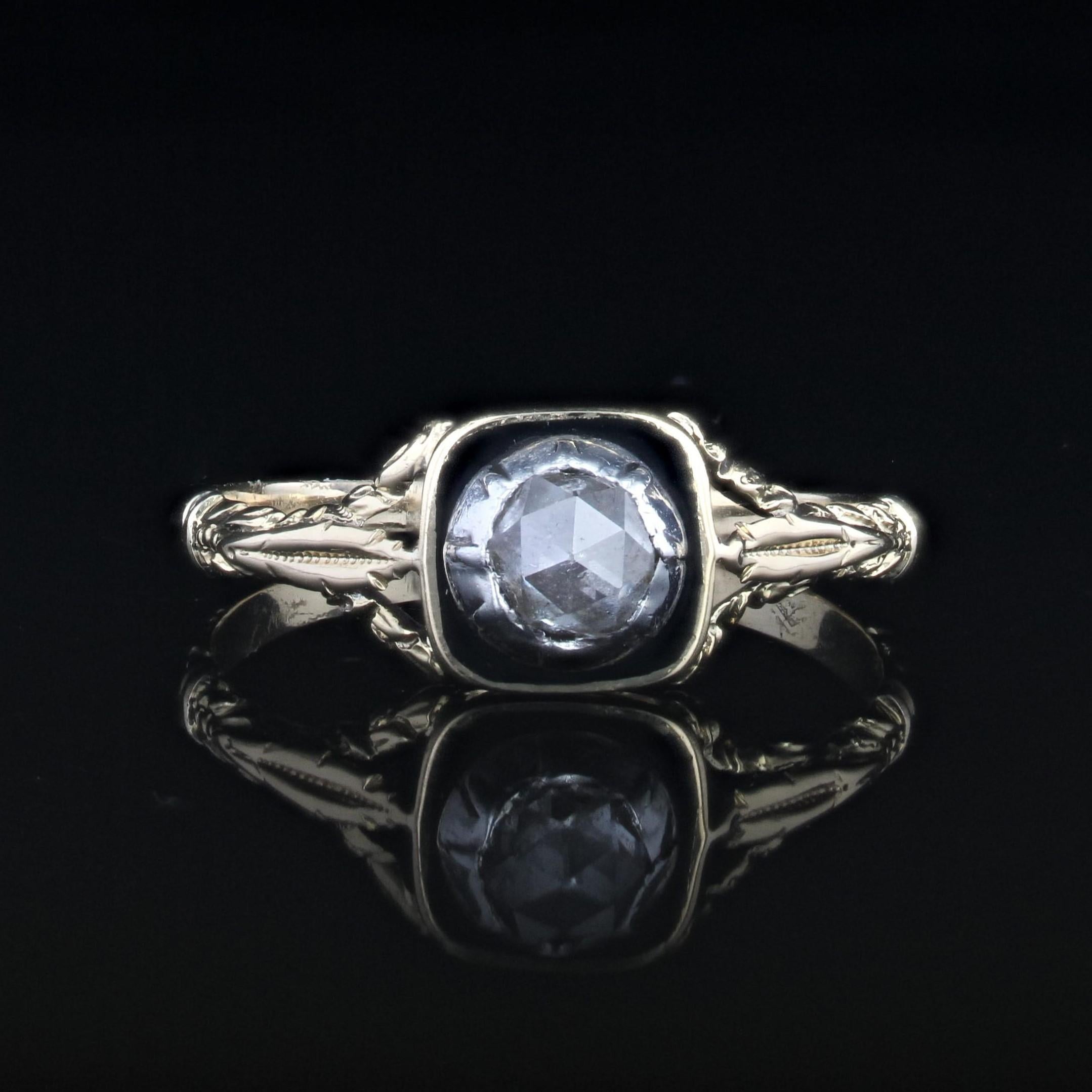 Women's French 19th Century Rose Cut Diamond Black Enamel Solitaire Ring For Sale
