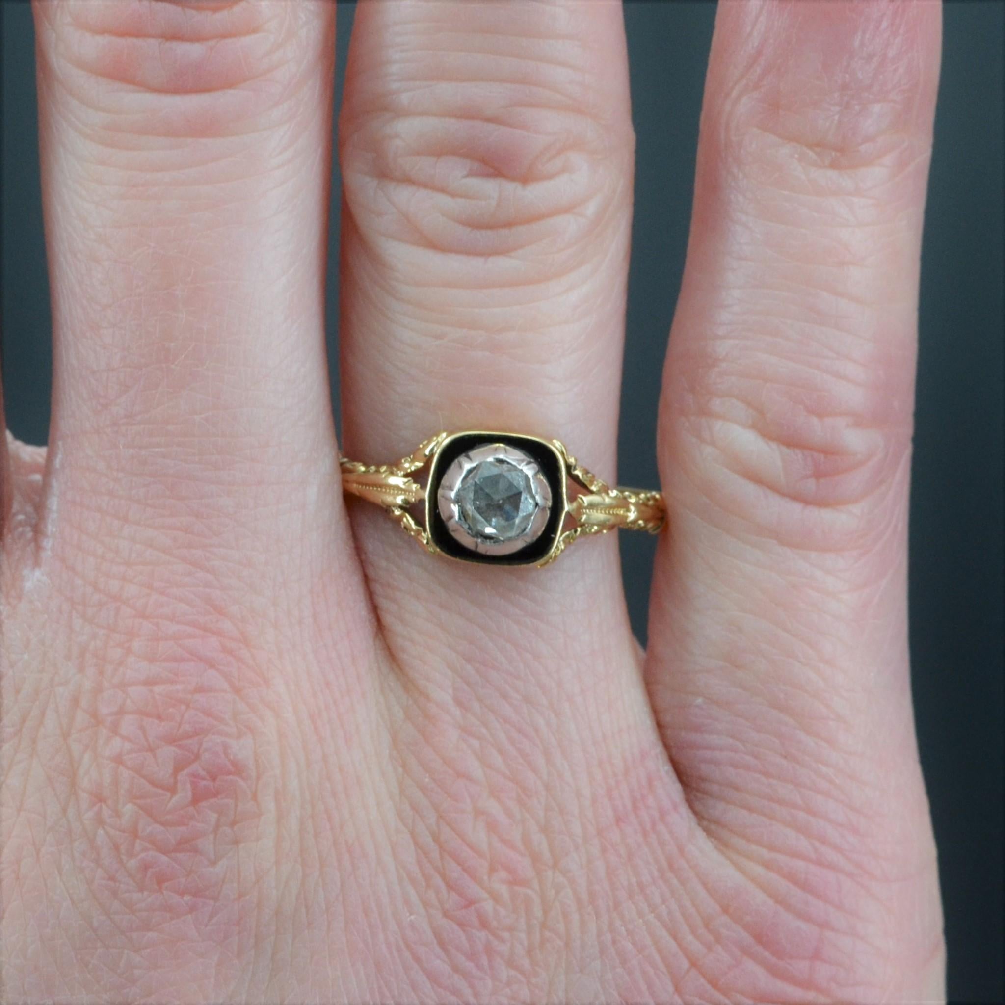 French 19th Century Rose Cut Diamond Black Enamel Solitaire Ring For Sale 1