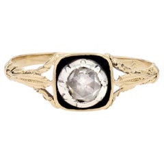 French 19th Century Rose Cut Diamond Black Enamel Solitaire Ring