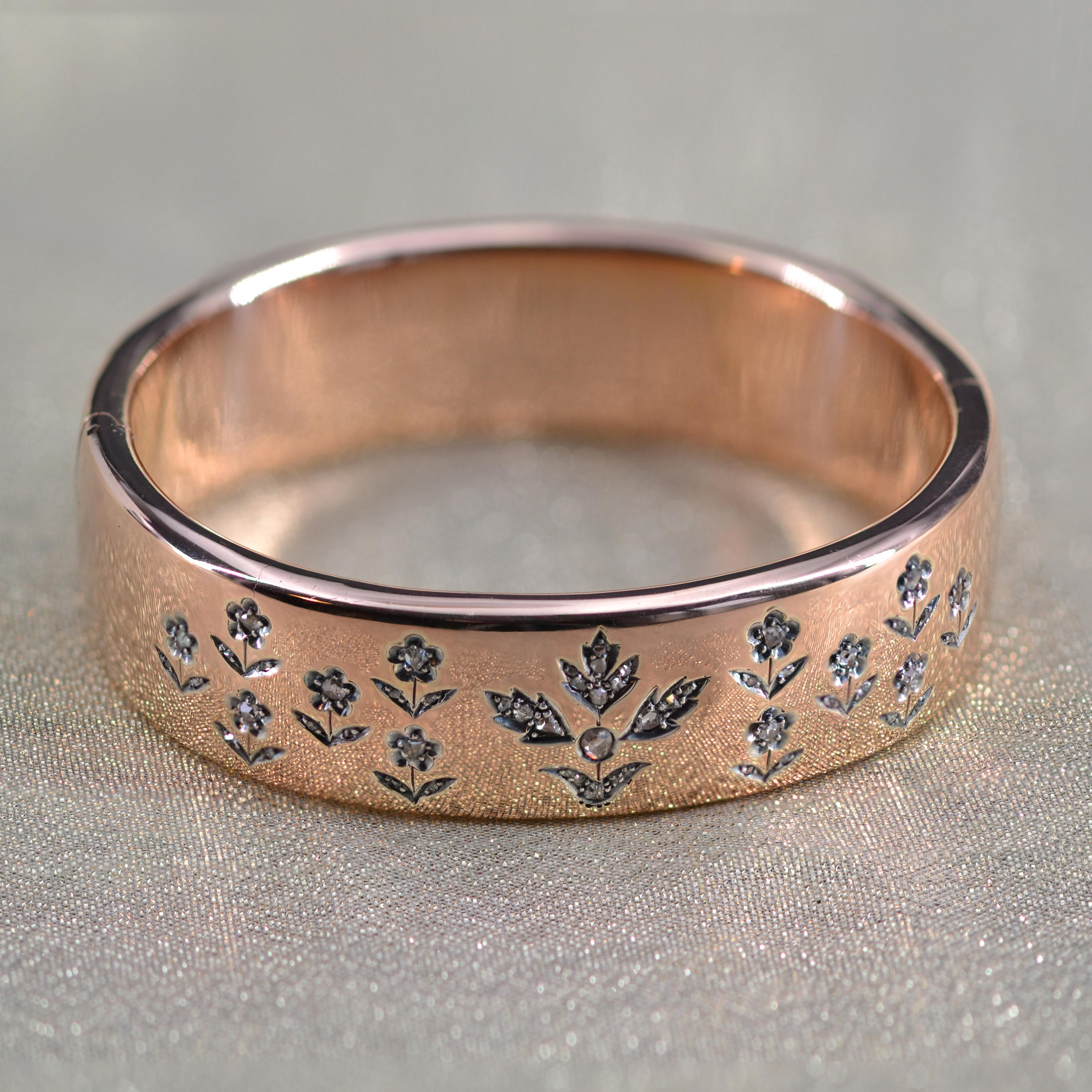 Rose Cut French 19th Century Rose- Cut Diamonds 18 Karat Rose Gold Bangle Bracelet