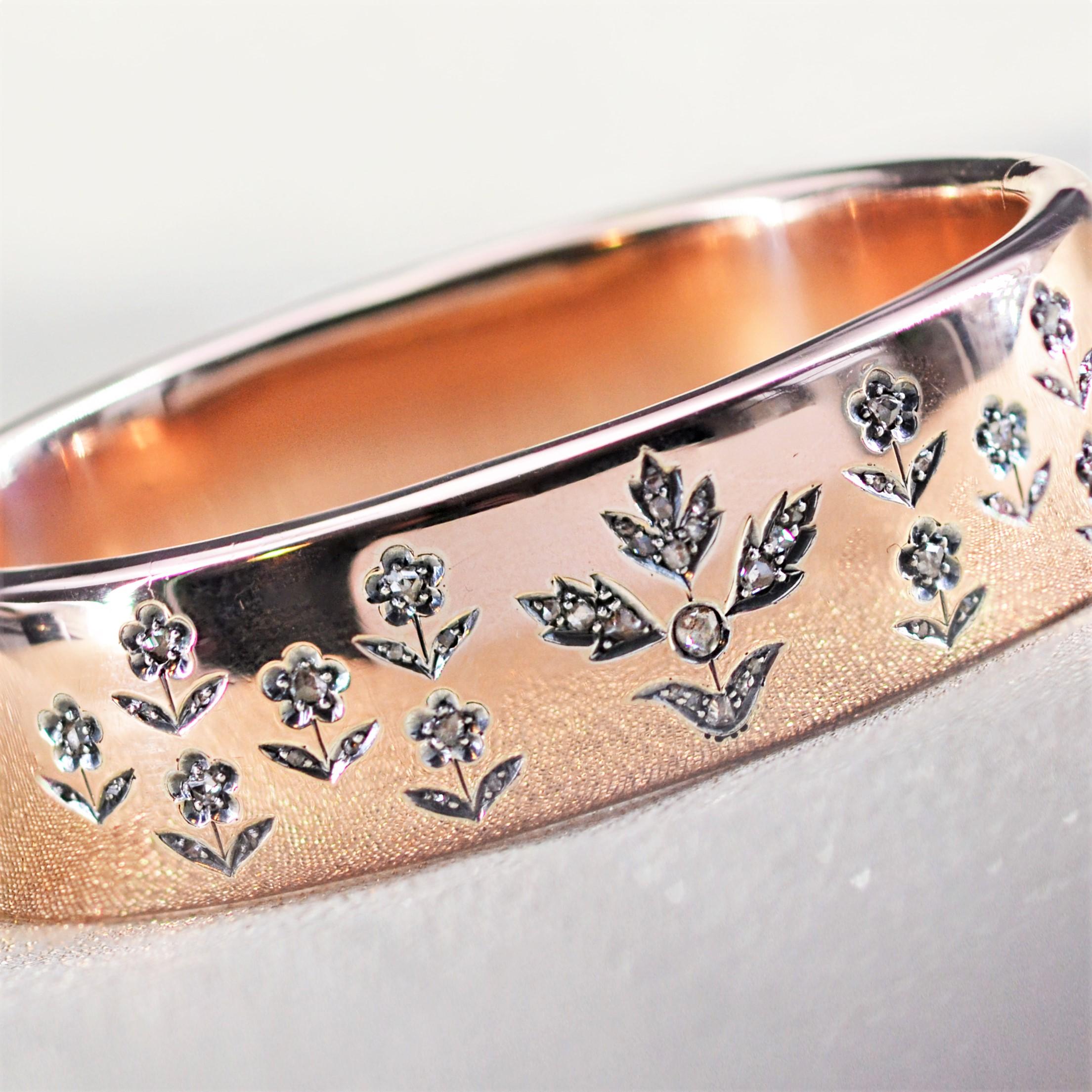 Women's French 19th Century Rose- Cut Diamonds 18 Karat Rose Gold Bangle Bracelet