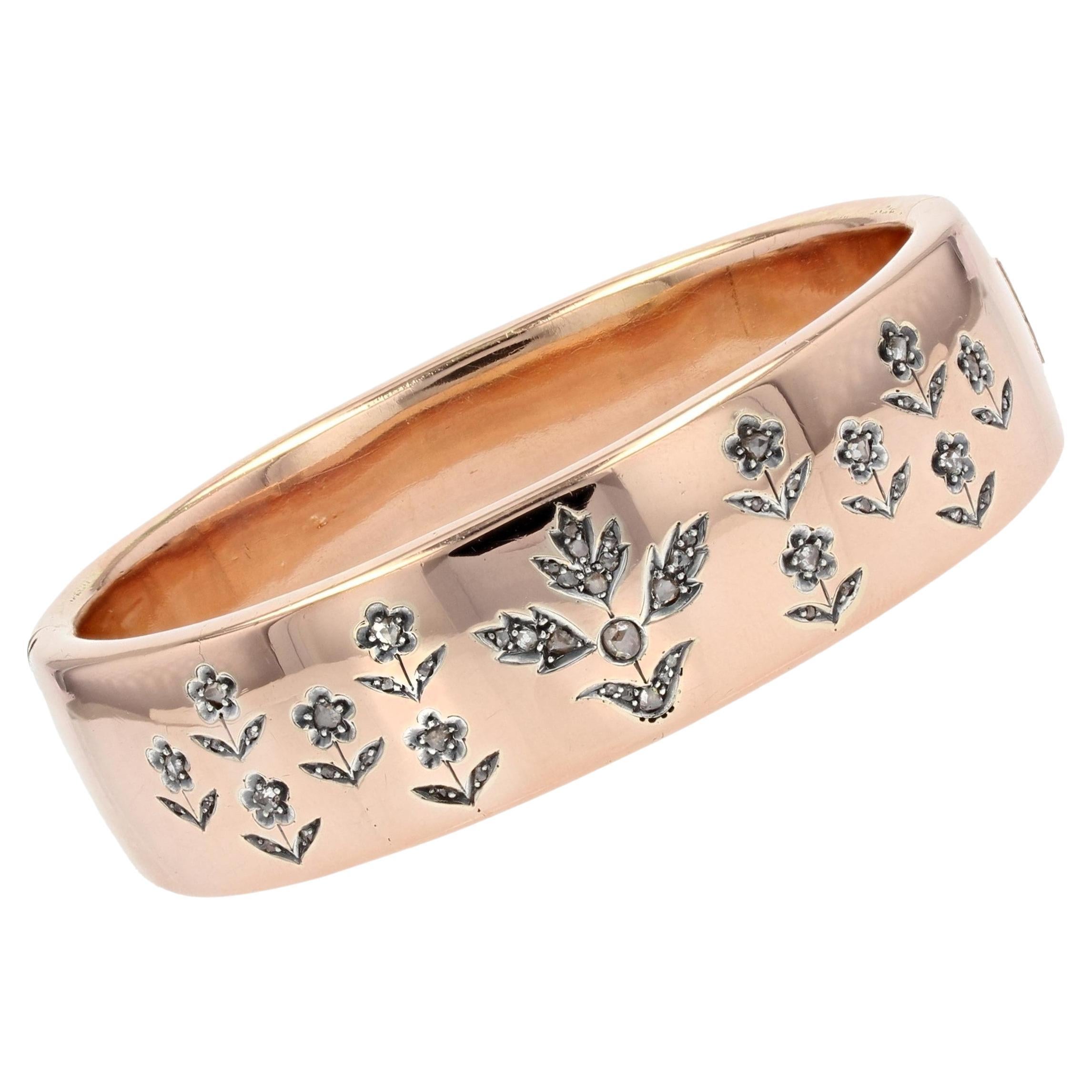 French 19th Century Rose- Cut Diamonds 18 Karat Rose Gold Bangle Bracelet