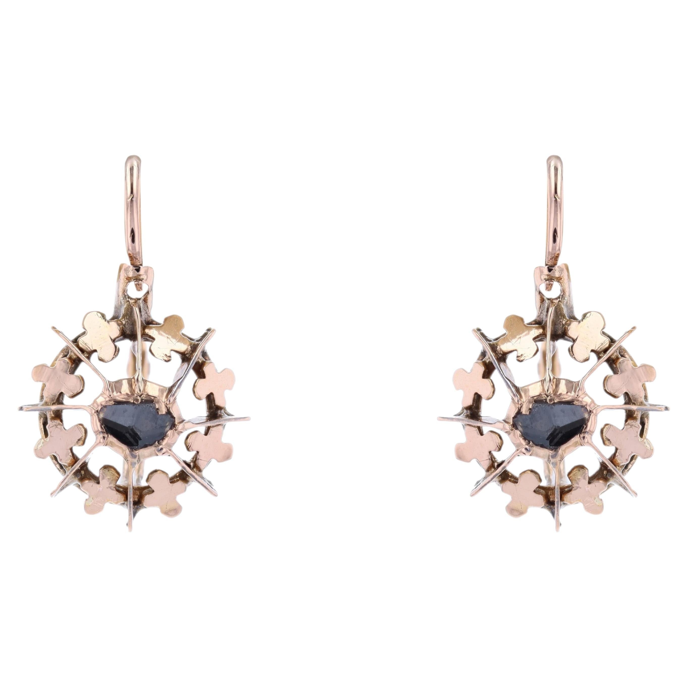 French 19th Century Rose Cut Diamonds 18 Karat Rose Gold Leverback Earrings