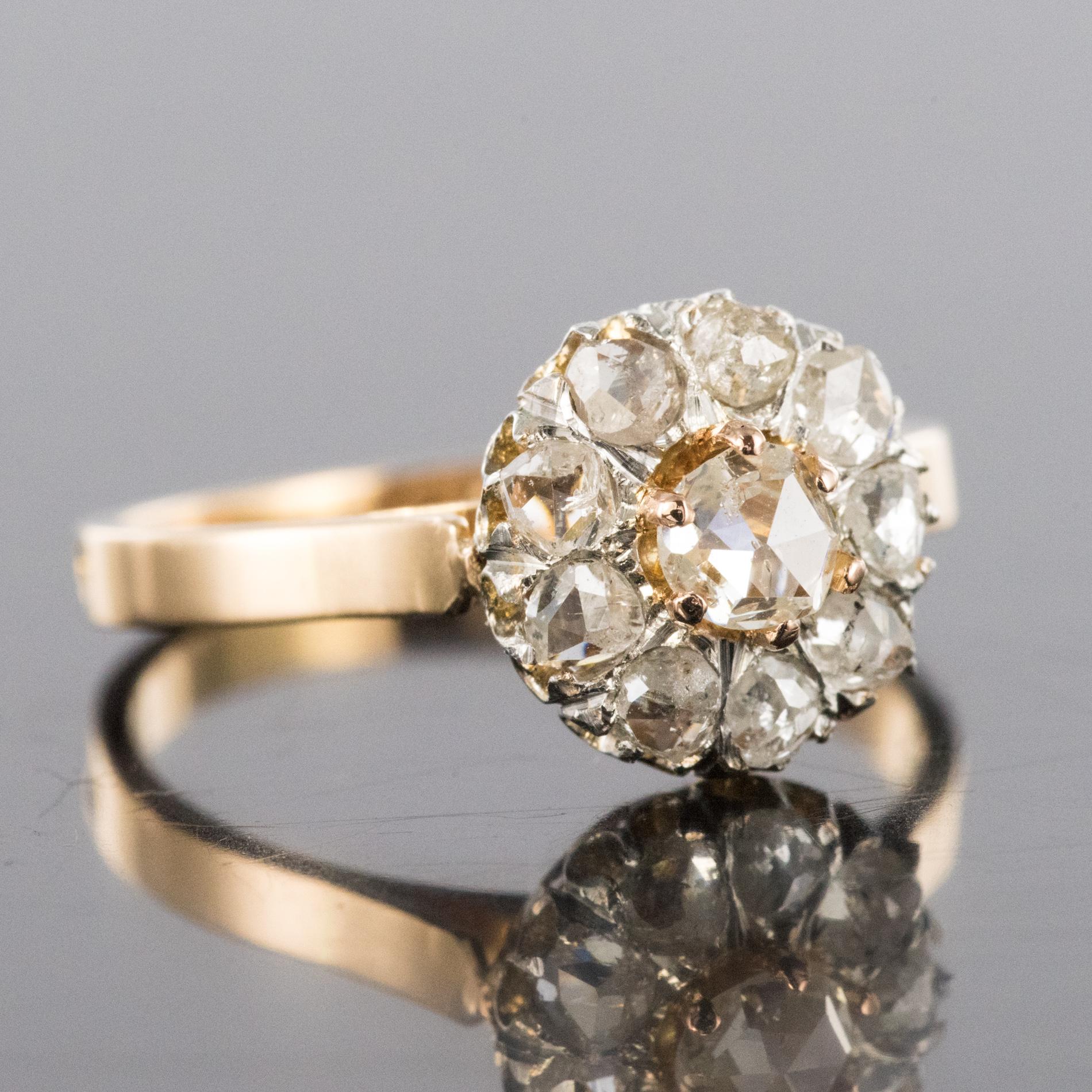 Women's French 19th Century Rose Cut Diamonds 18 Karat Yellow Gold Daisy Ring
