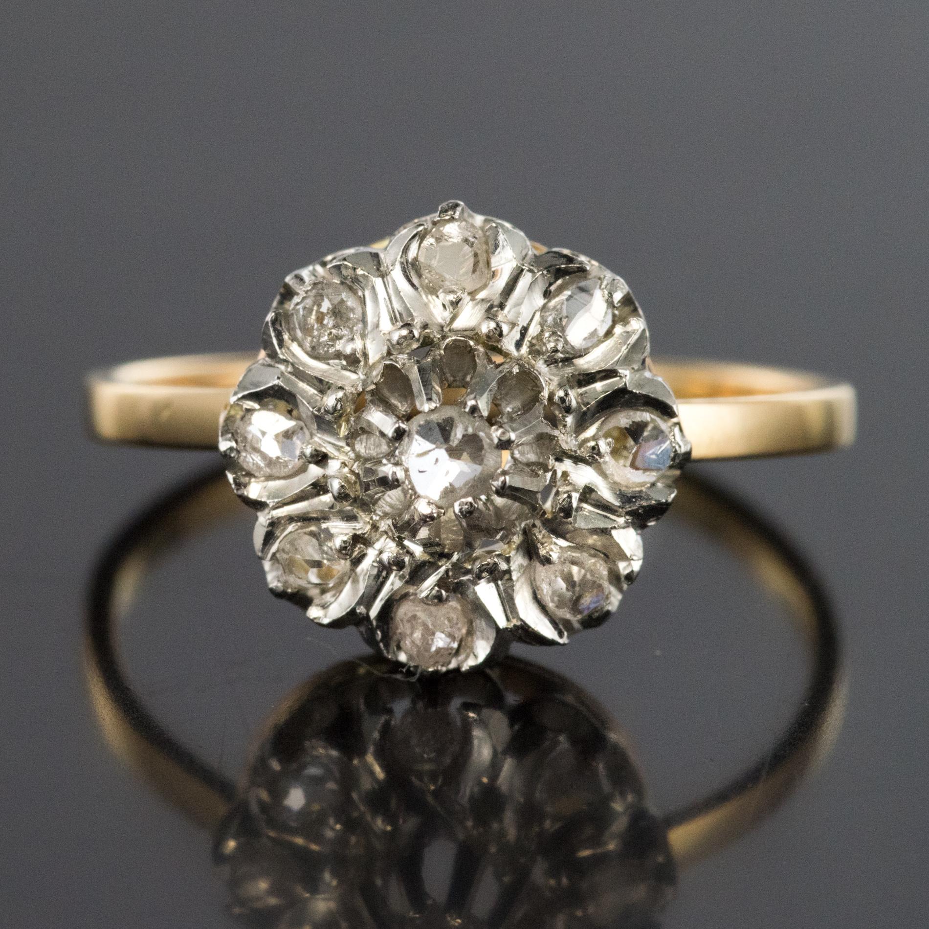 French 19th Century Rose-Cut Diamonds Yellow Gold Cluster Daisy Ring 5