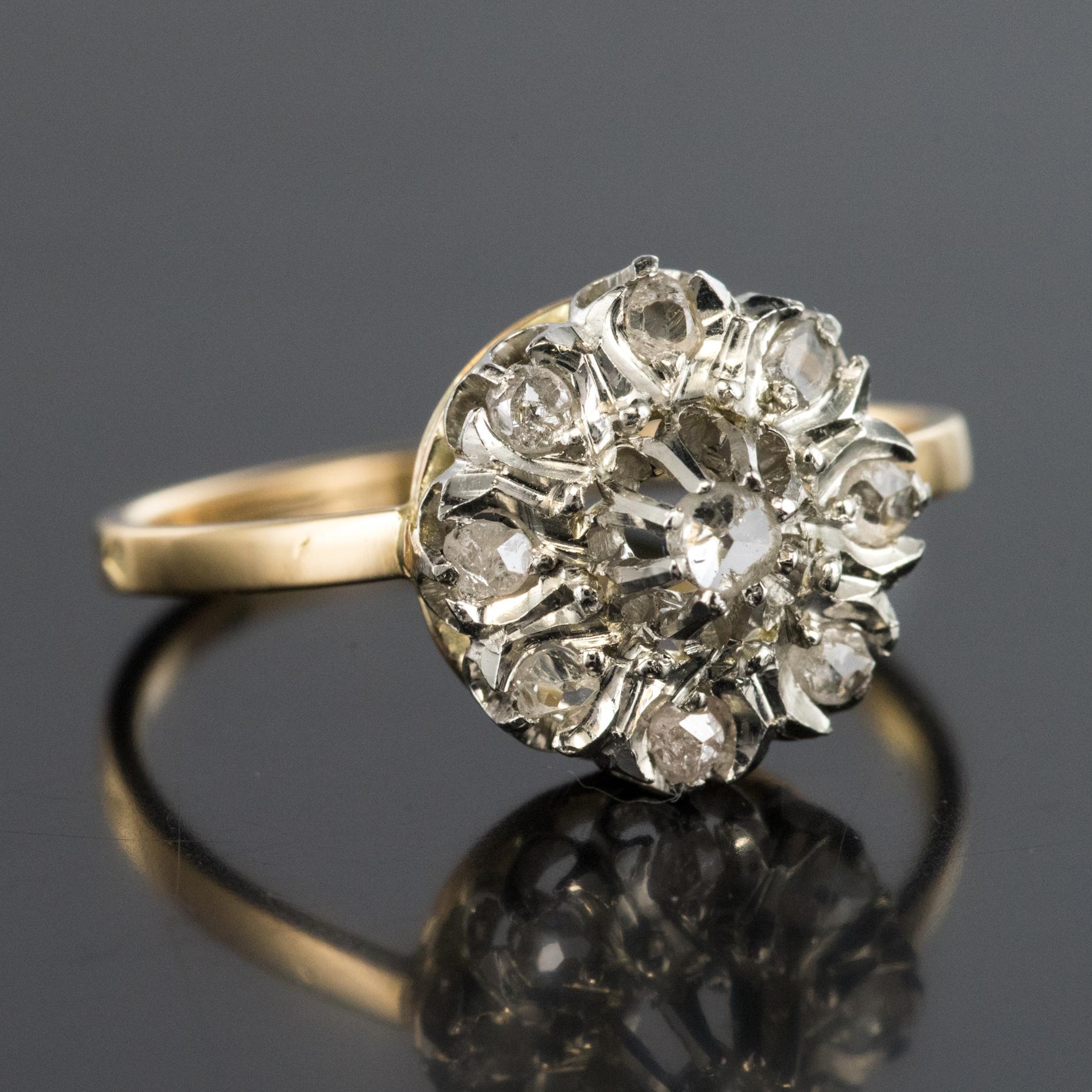 French 19th Century Rose-Cut Diamonds Yellow Gold Cluster Daisy Ring 4