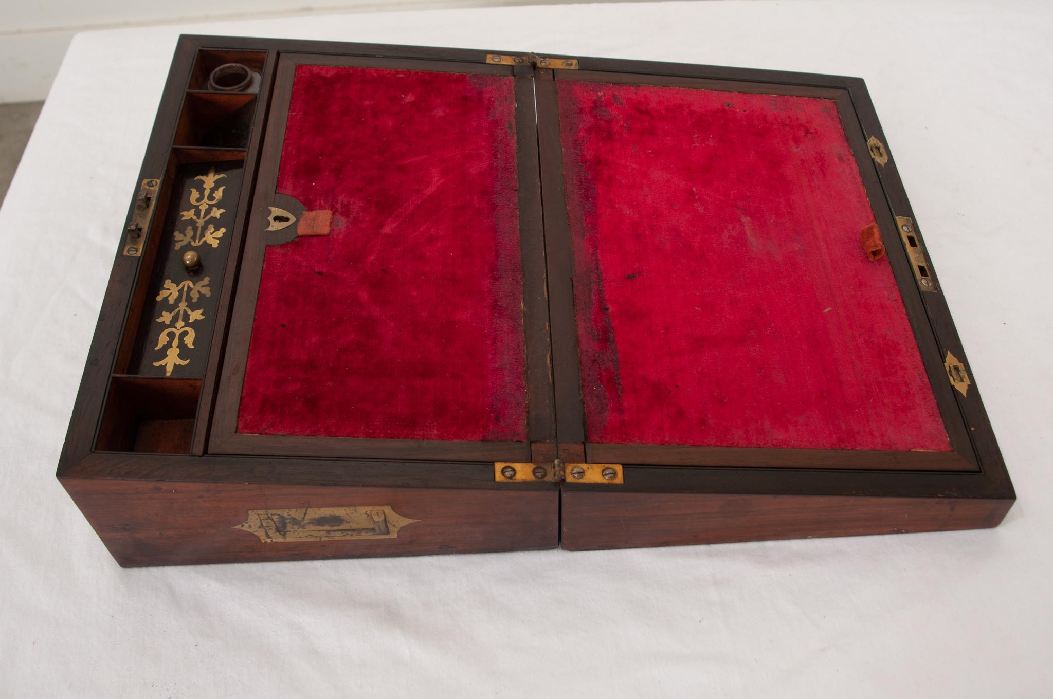 Brass French 19th Century Rosewood Writing Box