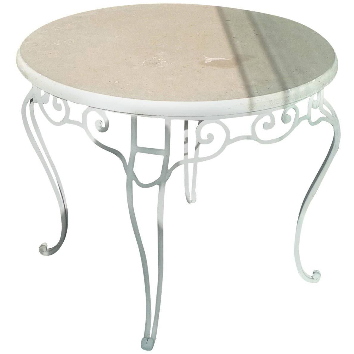 French 19th Century Round Stone Table Top on Painted White Iron Stand