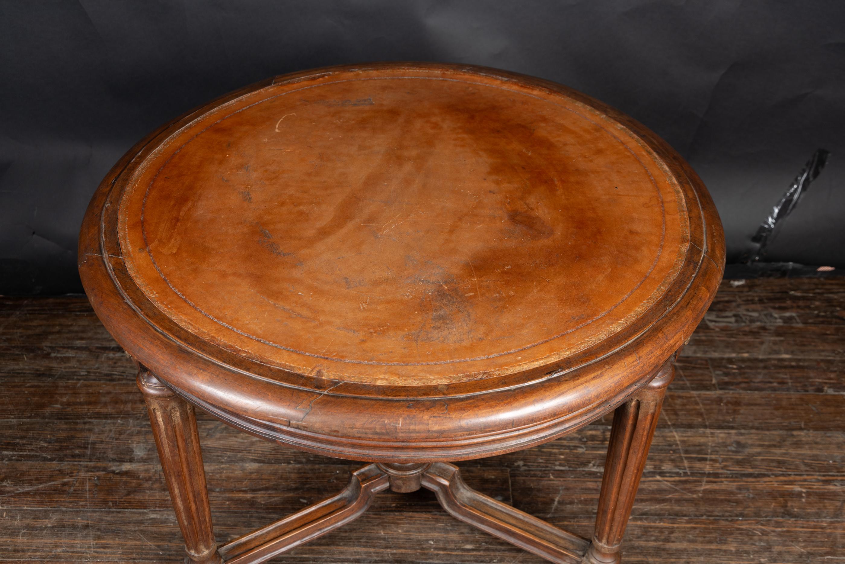 French 19th Century Round Table with Leather Top In Fair Condition For Sale In New Orleans, LA