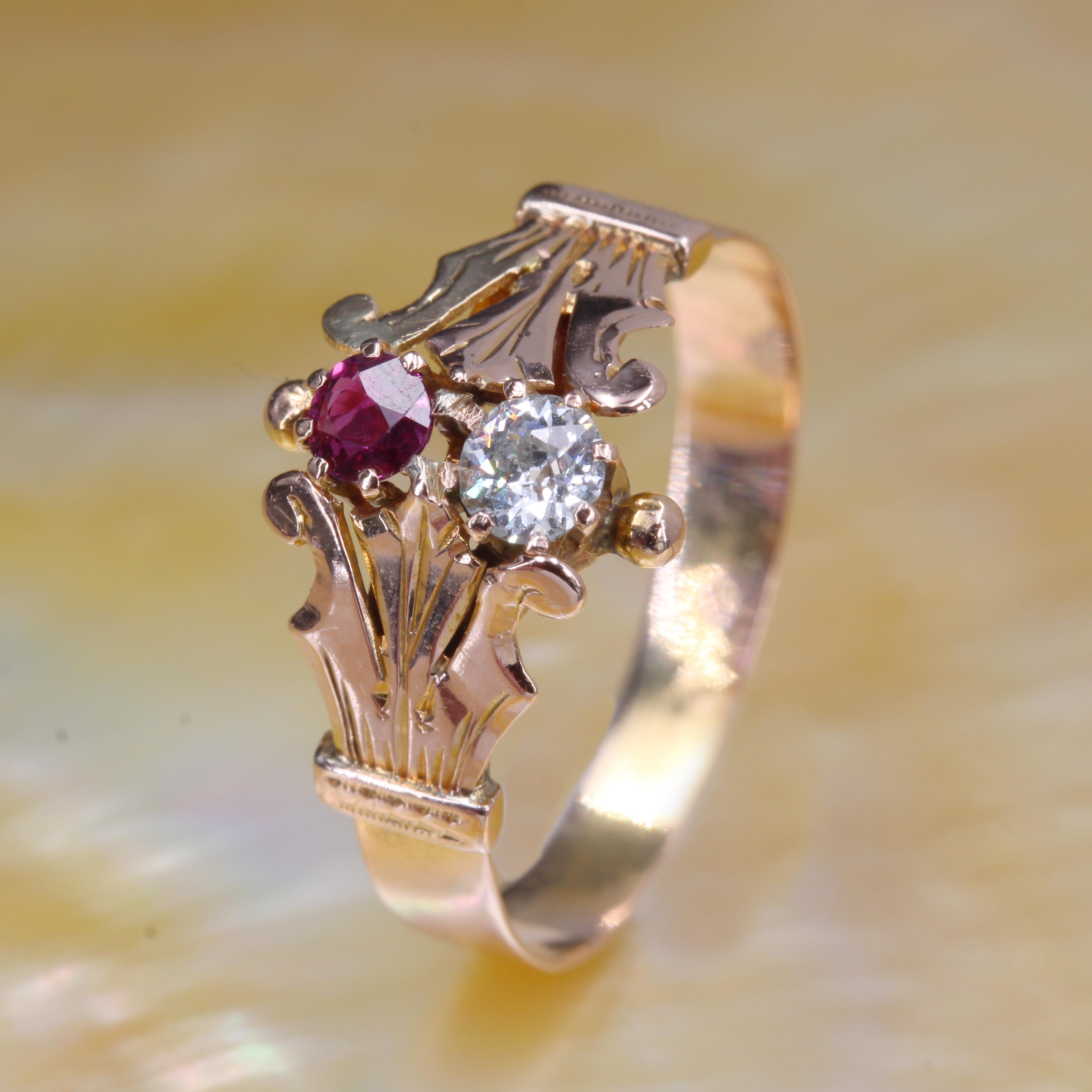 French 19th Century Ruby Diamond 18 Karat Rose Gold You and Me Ring For Sale 4