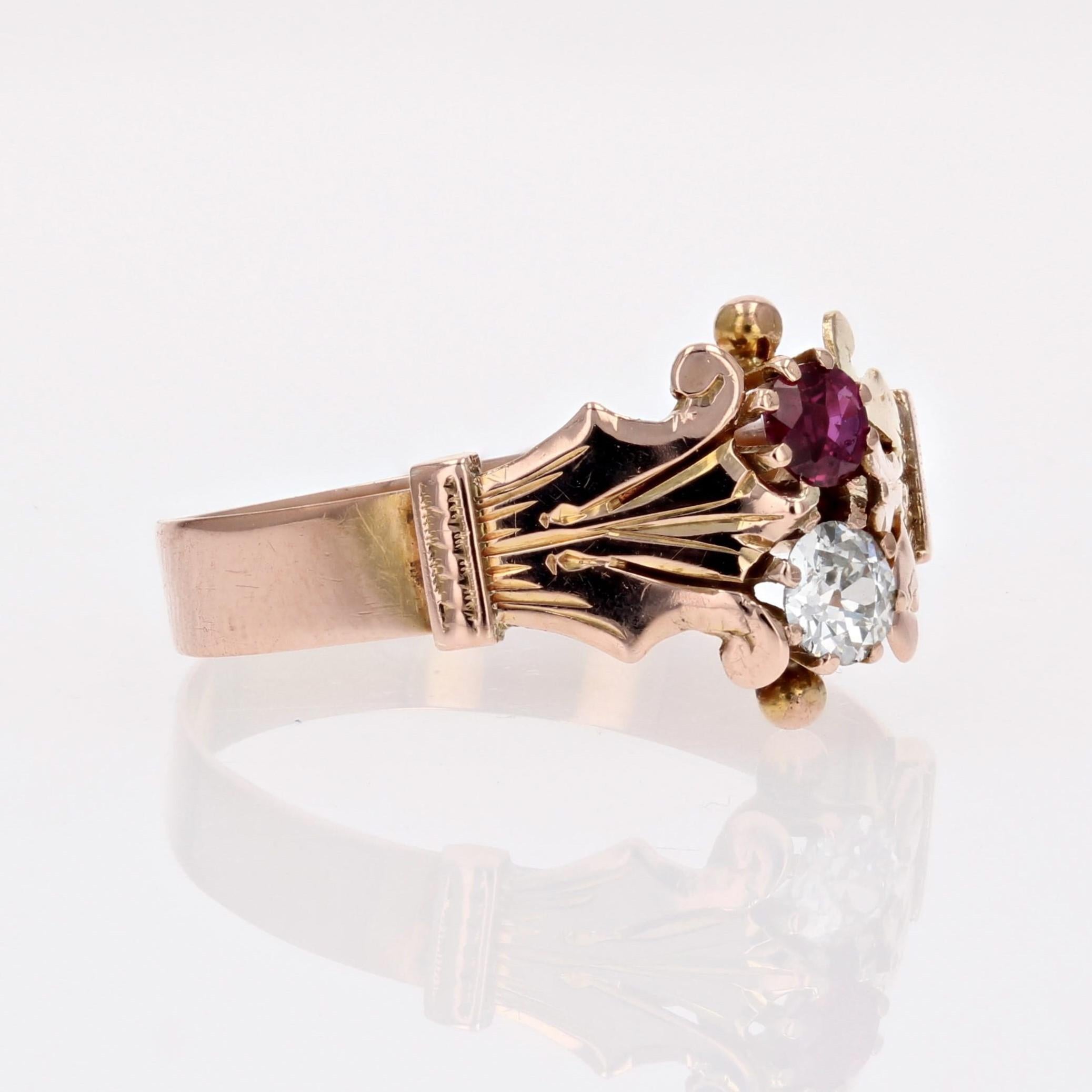 French 19th Century Ruby Diamond 18 Karat Rose Gold You and Me Ring For Sale 5