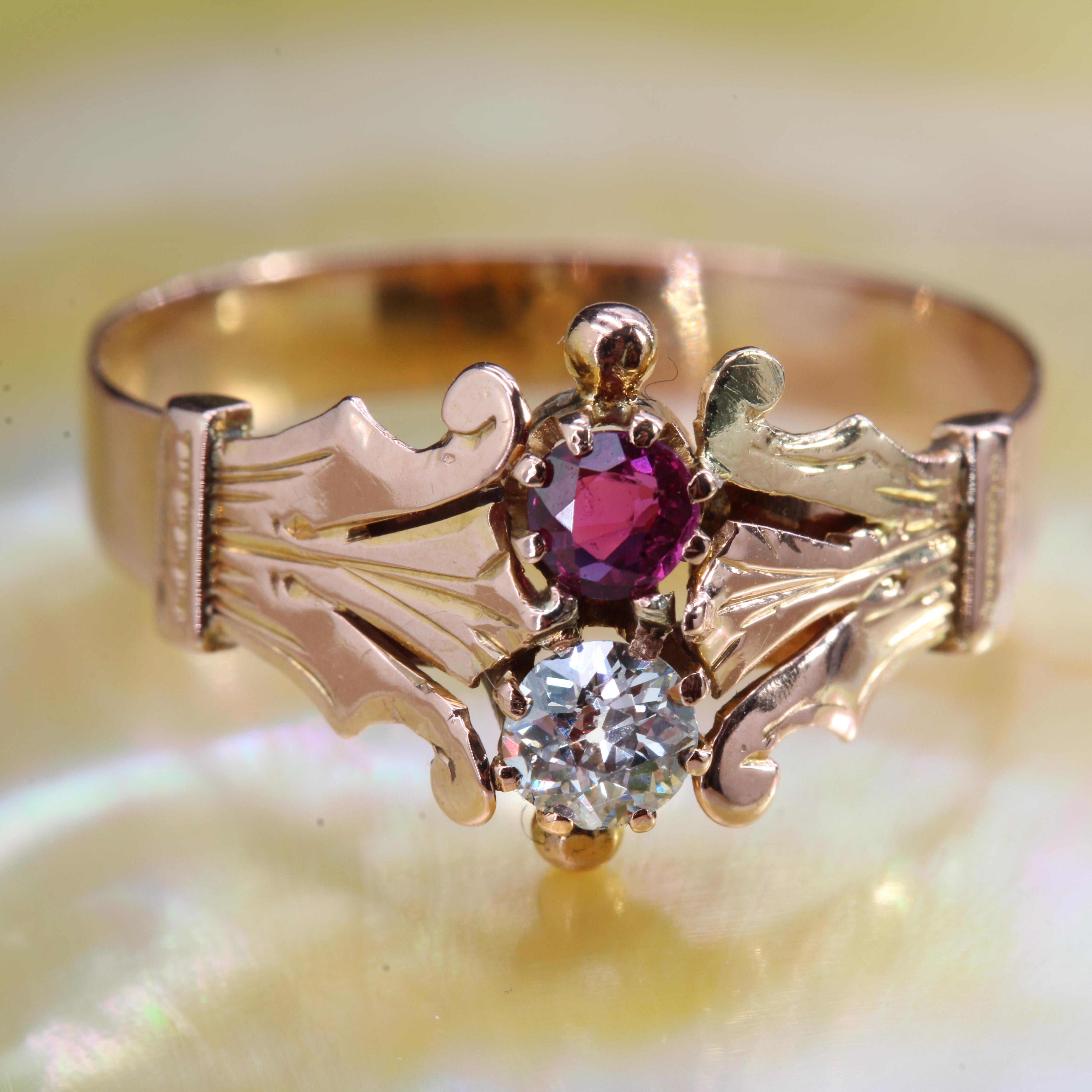 French 19th Century Ruby Diamond 18 Karat Rose Gold You and Me Ring For Sale 7