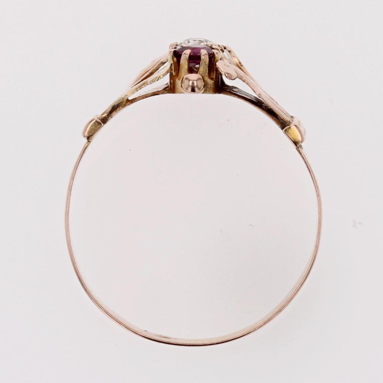 Bague "toi Et Moi" Antique En Or Rose 18k Avec Diamants Et Rubis - Taille 46, Circa 1900, Occasion