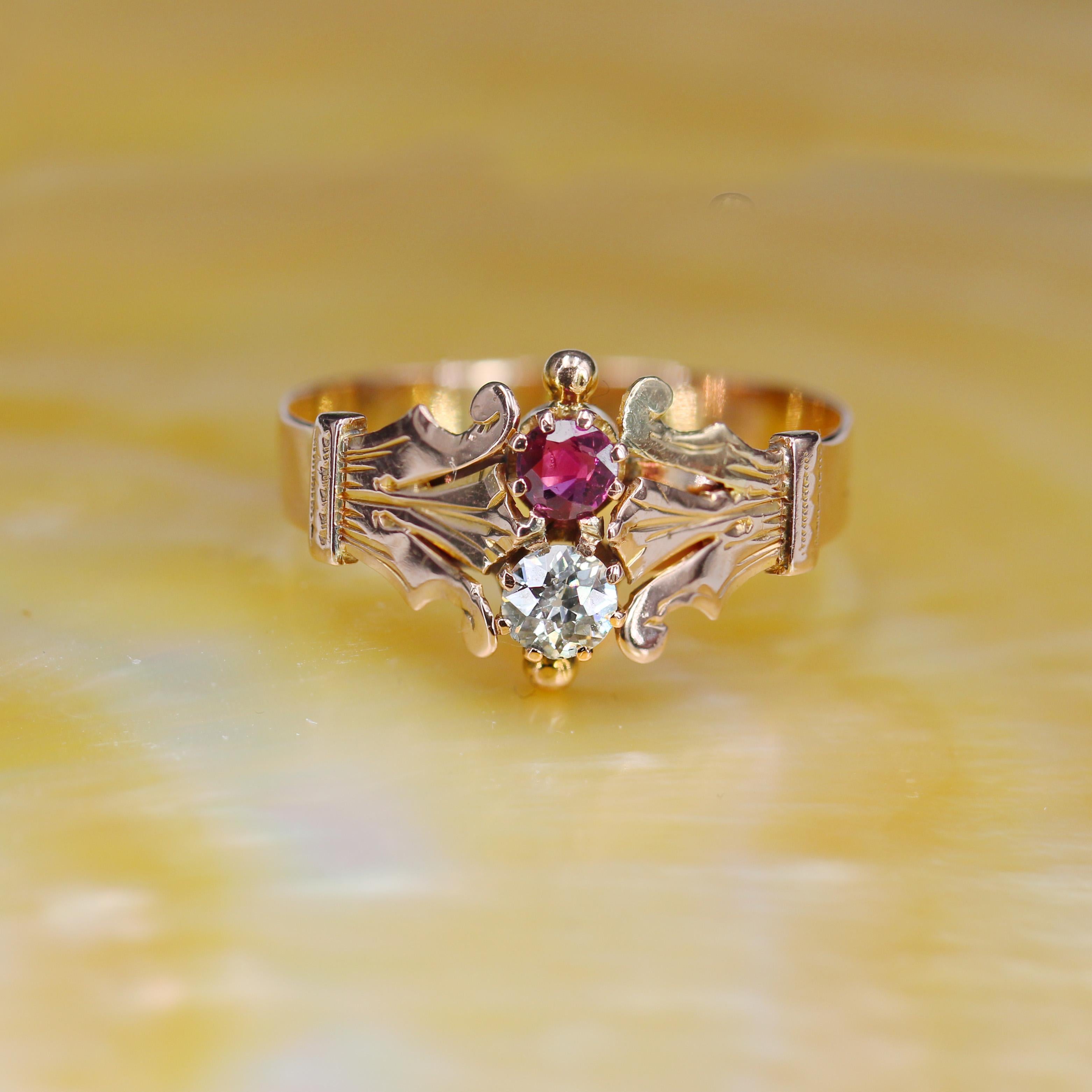 Napoleon III French 19th Century Ruby Diamond 18 Karat Rose Gold You and Me Ring For Sale