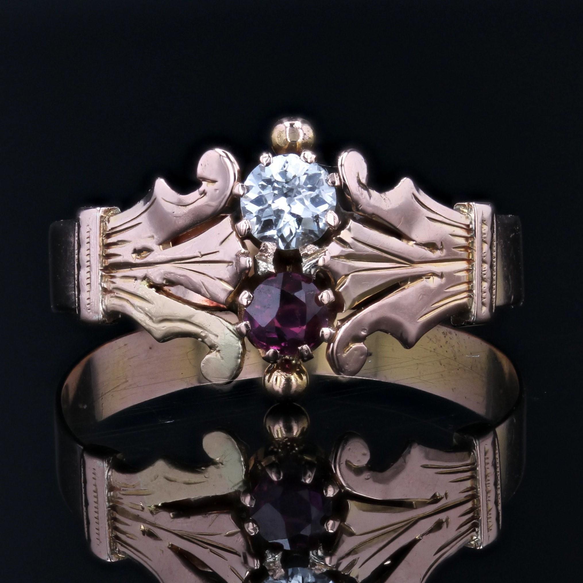 French 19th Century Ruby Diamond 18 Karat Rose Gold You and Me Ring In Good Condition For Sale In Poitiers, FR